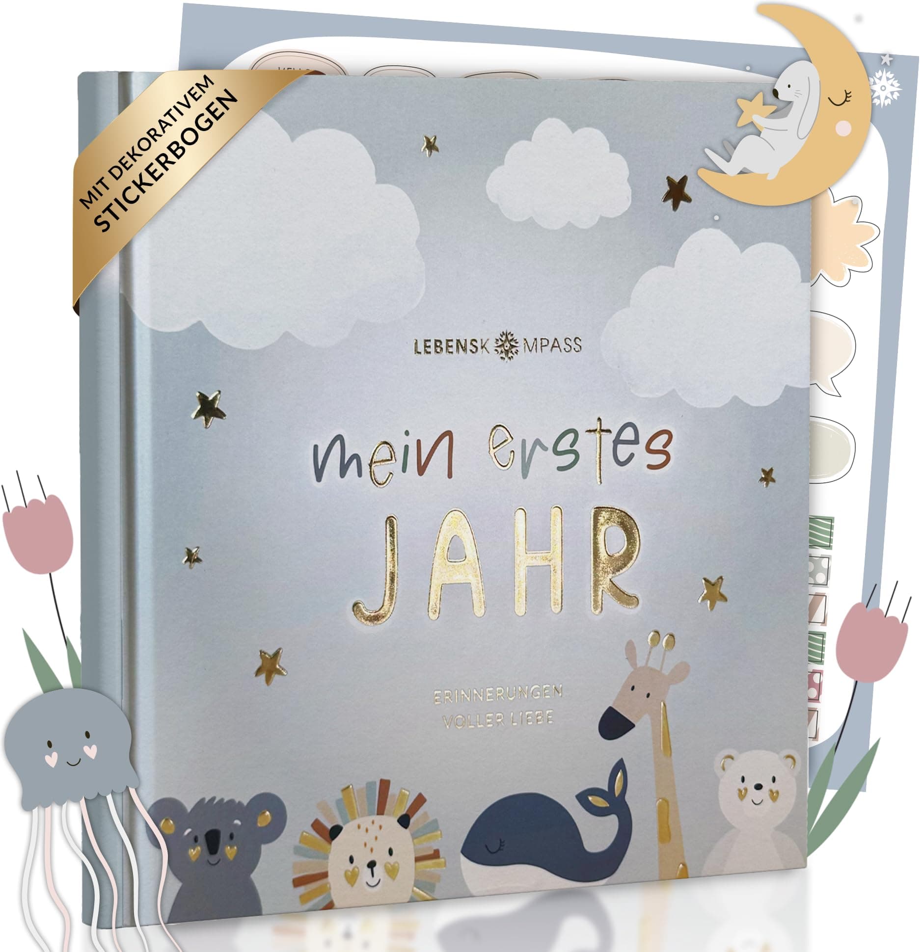 Lebenskompass Babyalbum Mein erstes Jahr "Air" mit über 75 Stickern & Spruchkarte EXTRA - Ein Baby Buch zum Eintragen - Das Babytagebuch & Erinnerungsbuch für Mädchen & Jungen