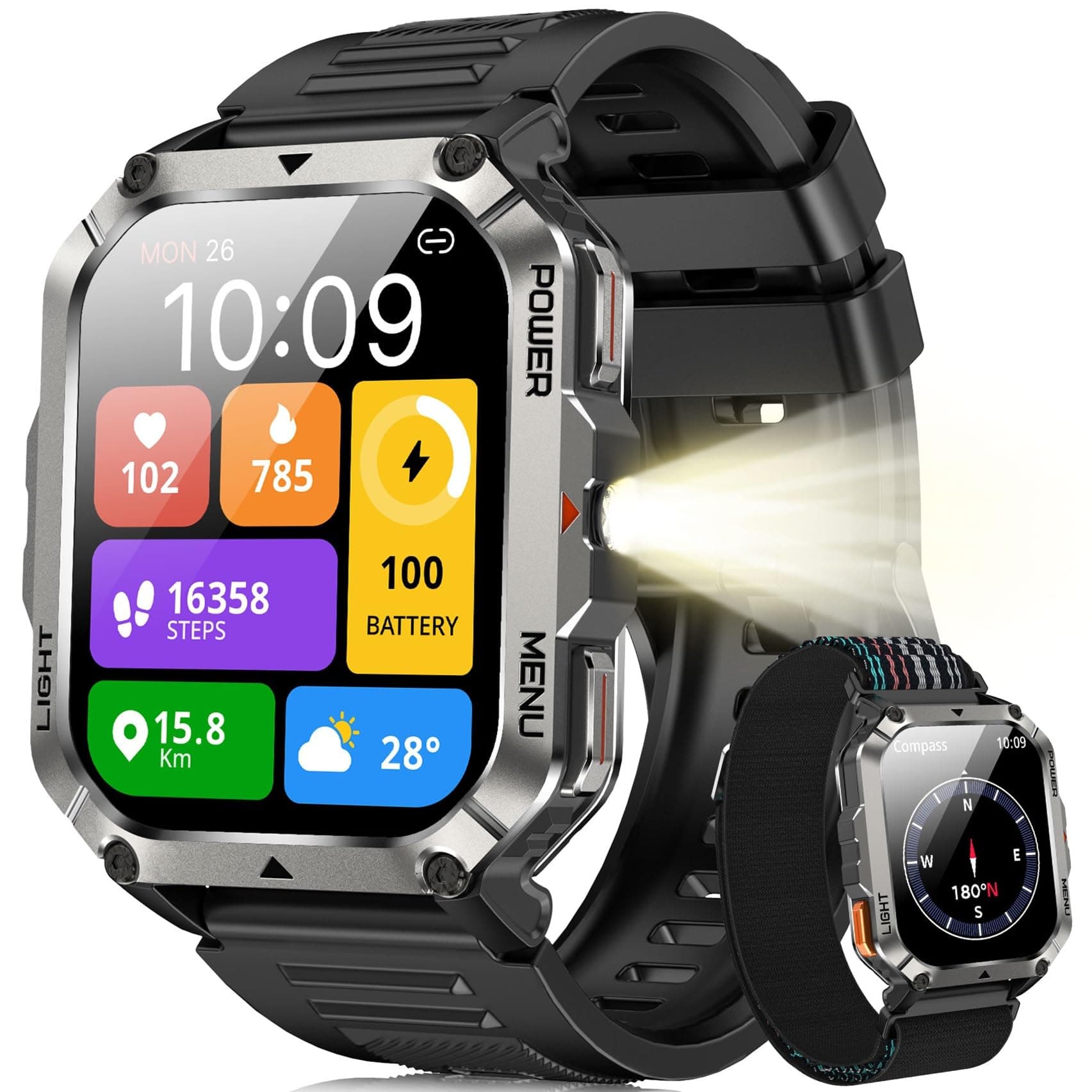 Blackview Reloj Inteligente Hombre Militar - Linterna y Brújula, 2.01"Smartwatch Hombre con 100+ Modos Deportivos, Llamadas Bluetooth/Notificación, Pulsómetro/Oxímetro/Sueño, Pulsera Actividad, Negro