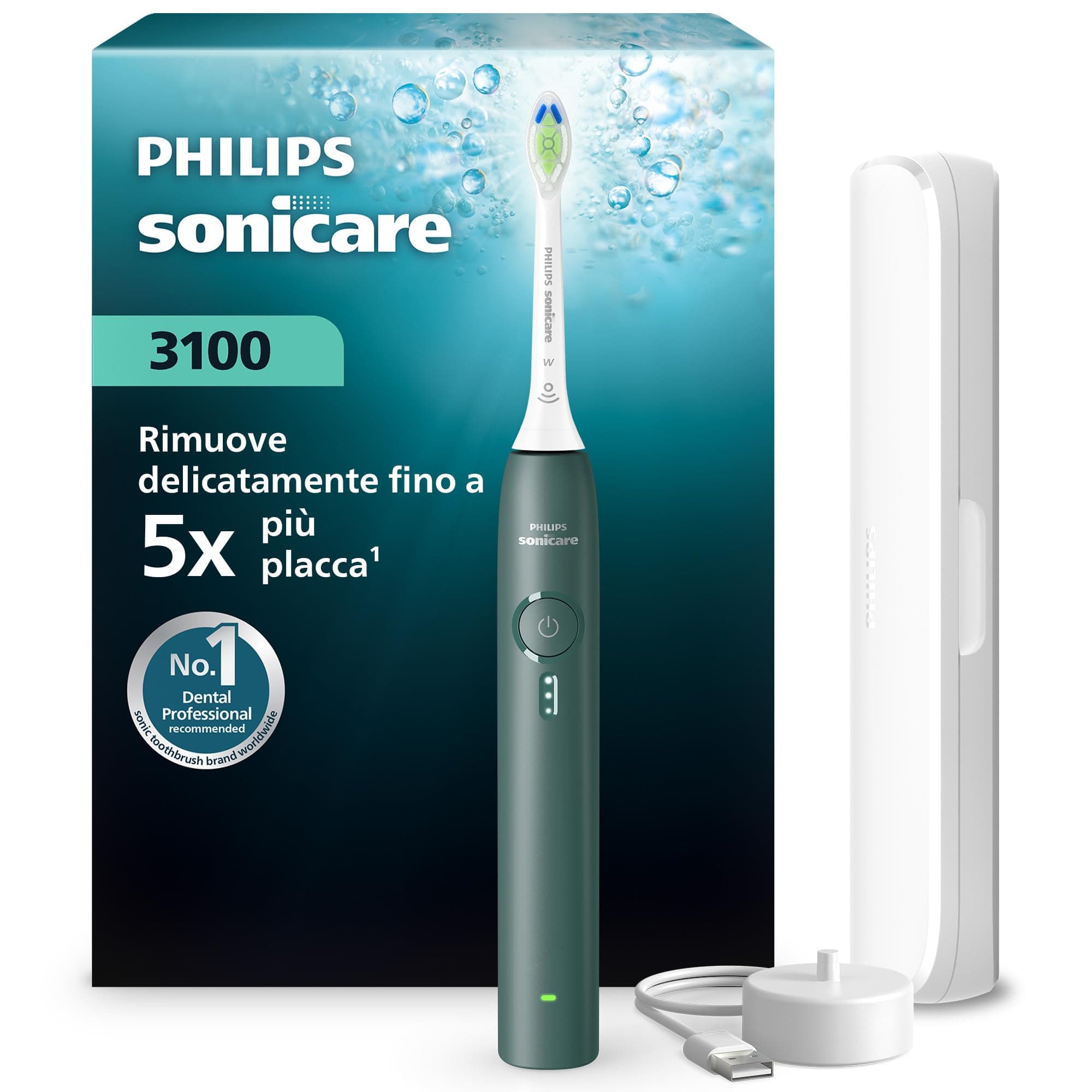 Spazzolino elettrico Philips Sonicare Serie 3100 - Spazzolino sonico con sensore di pressione, 3 intensità, EasyStart, SmarTimer, autonomia 14 giorni, custodia, verde bosco, HX4033/26, [Nuovo]