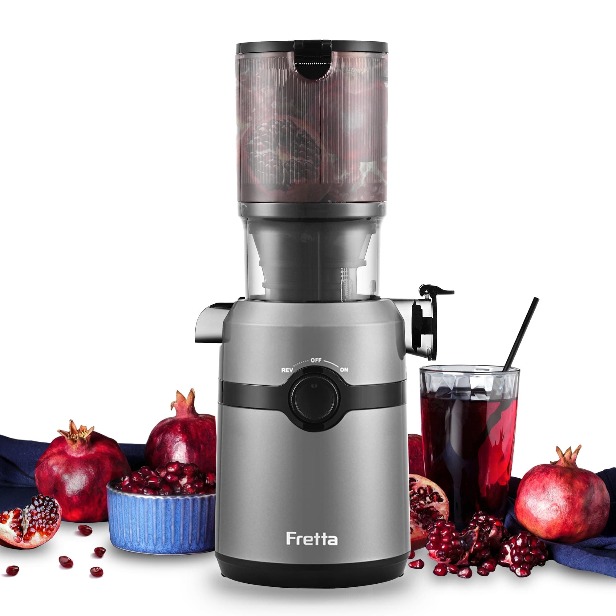 Fretta Extractor de Zumos y Verduras, Apertura de 108MM, Licuadora Prensado en Frio para Verduras Frutas Enteras, 200W Slow Juicer Machine, Fácil Montaje y Limpieza, Sin BPA（Gris, 1L）