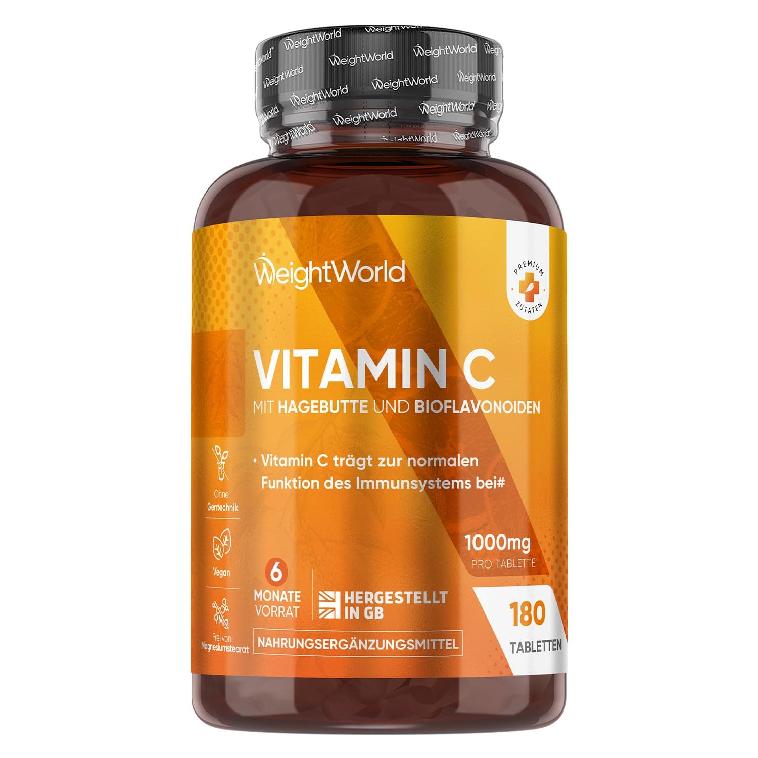Vitamin C 1000mg pro Tablette - 180 vegane Tabletten für 6 Monate - Vitamin C trägt zu einer normalen Funktion des Immunsystems bei (EFSA) - Vit C mit Bioflavonoiden & Hagebutte - WeightWorld