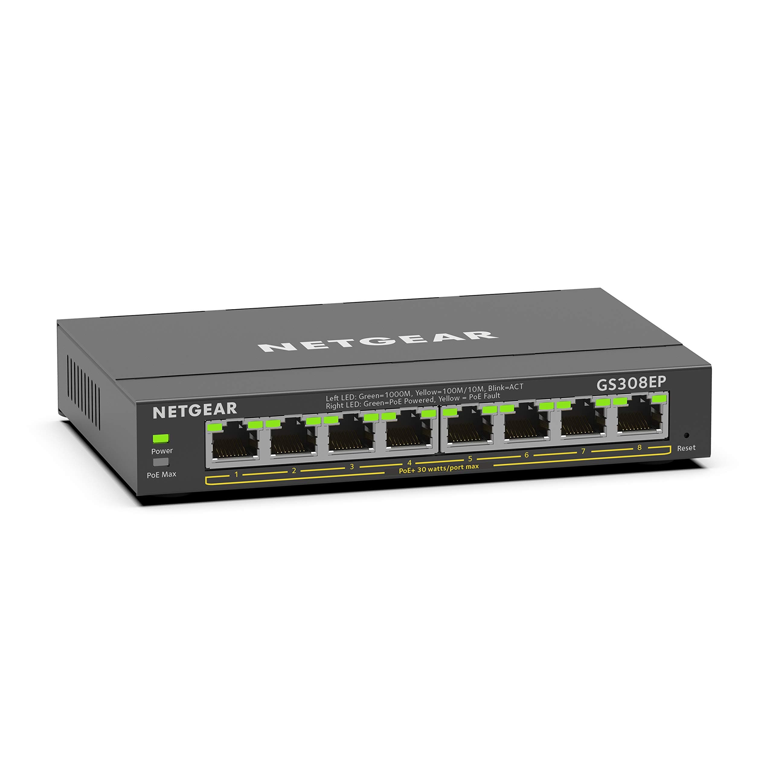 Netgear GS308EP PoE Switch 8 Port Gigabit Ethernet LAN Switch PoE+ 62W Plus (Managed Netzwerk Switch PoE mit IGMP Snooping, QoS, VLAN, lüfterloses Metallgehäuse)