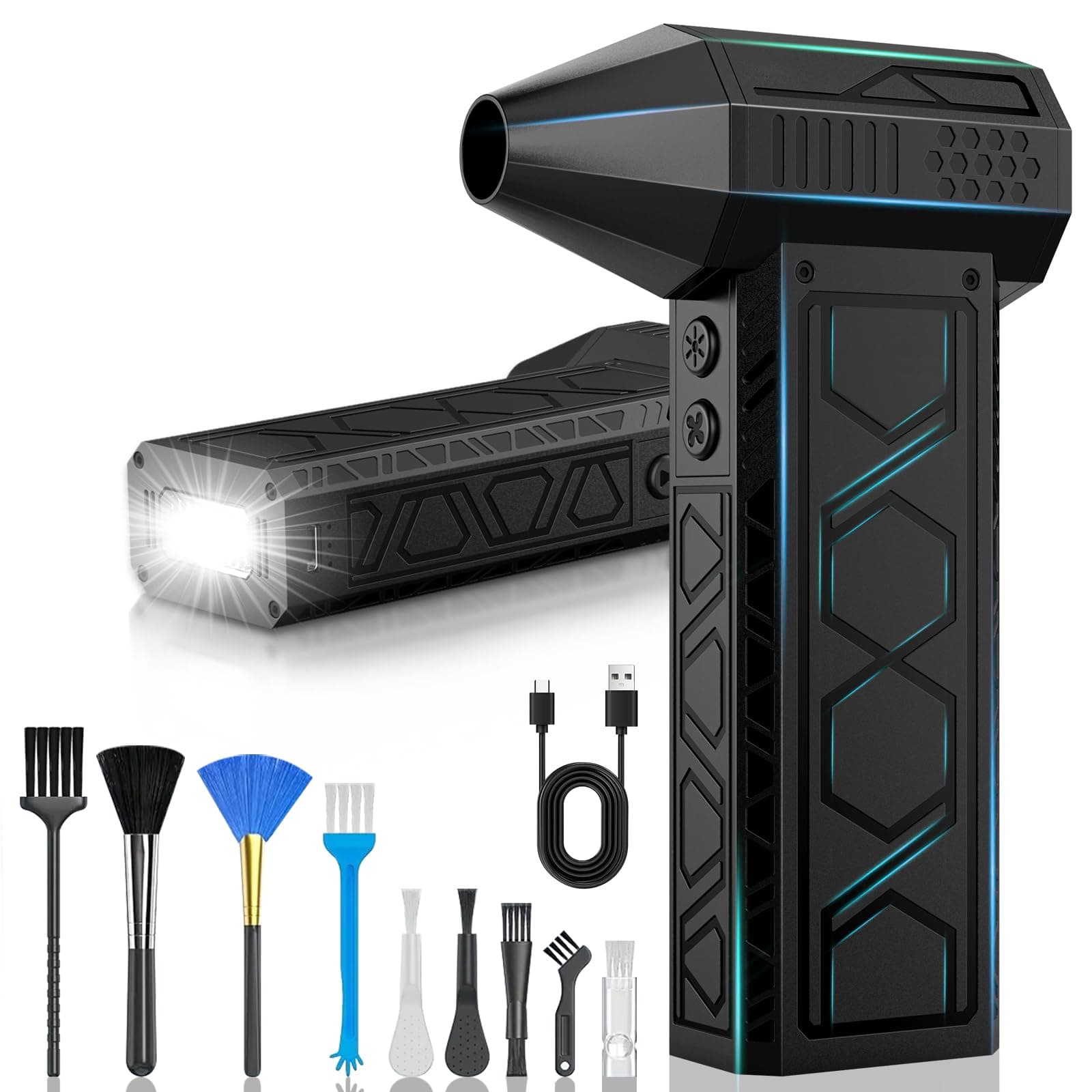 Soplador de Polvo Eléctrico,180000 RPM,2025 Aire Comprimido Limpieza PC con Luz Auxiliar LED Light/Potente 4 Velocidades/Iluminación para Ordenadores, Coches, Teclado