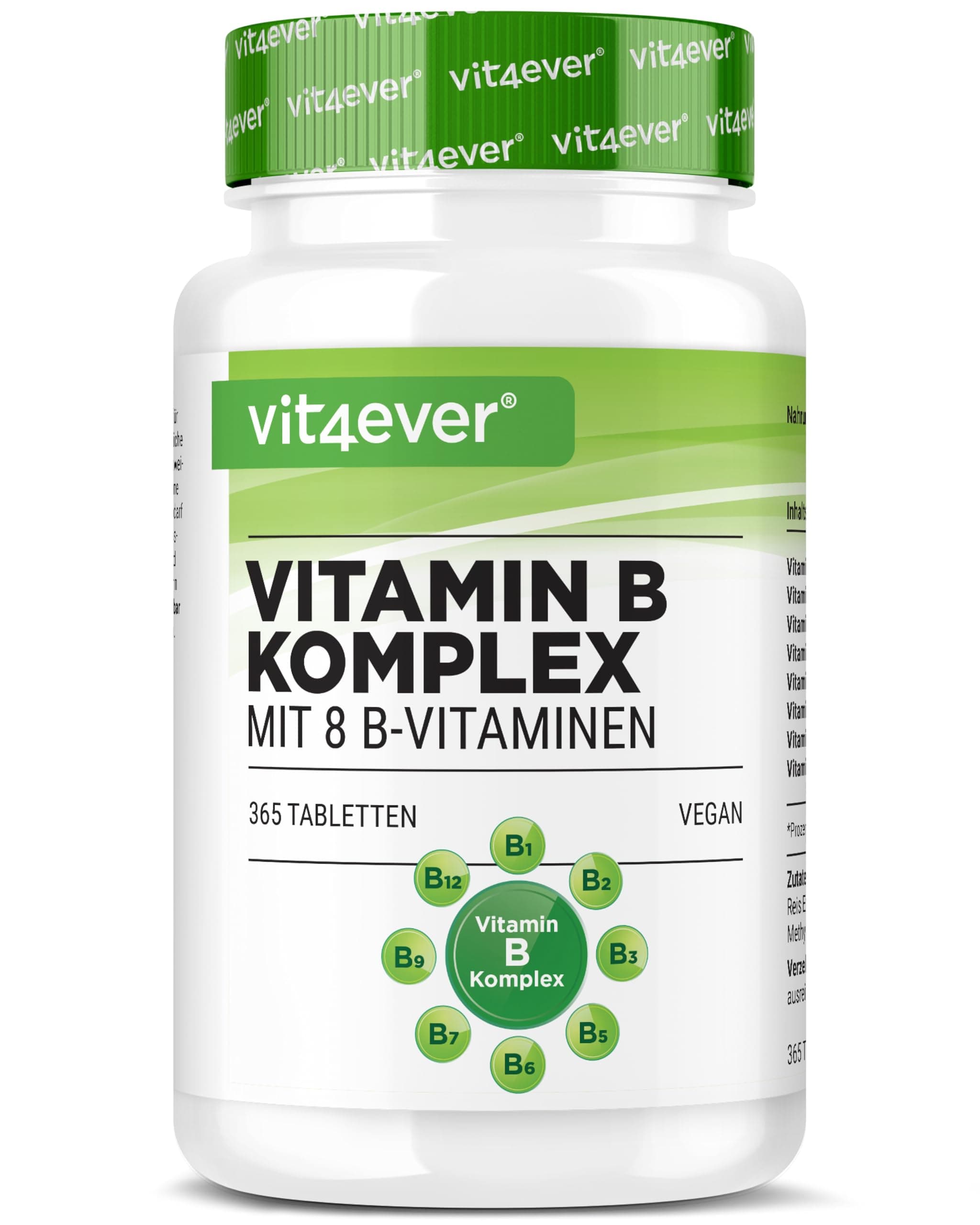 vit4ever Vitamin B Komplex - 365 Tabletten - 12 Monatsvorrat - Alle 8 B-Vitamine in 1 Tablette - Vitamin B1, B2, B3, B5, B6, B12, Biotin & Folsäure - Vegan