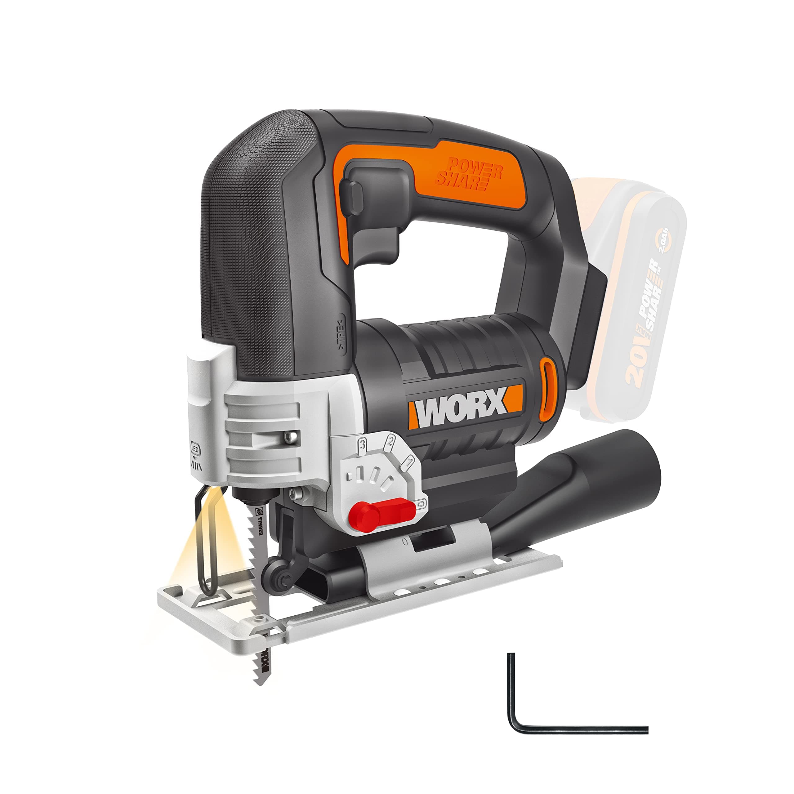 WORX Sierra de calar 20V Máx. | WX543.9 | Sistema de penduleo de 4 posiciones | Sin batería ni cargador | Cambio rápido de hoja| Luz LED | 24mm de corte | Caja de cartón |