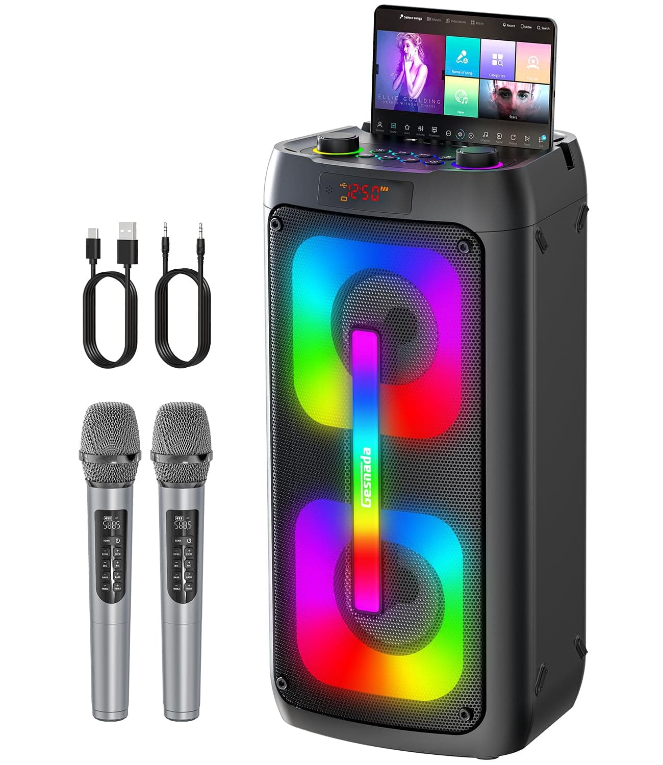 Máquina de Karaoke 2 microfonos inalambricos,Altavoz Karaoke Profesional Completo,Bluetooth portátil con Luces LED,Sistema PA,para Fiestas,Regalo,al Aire Libre,soporta Bluetooth/TF/USB/AUX/TWS