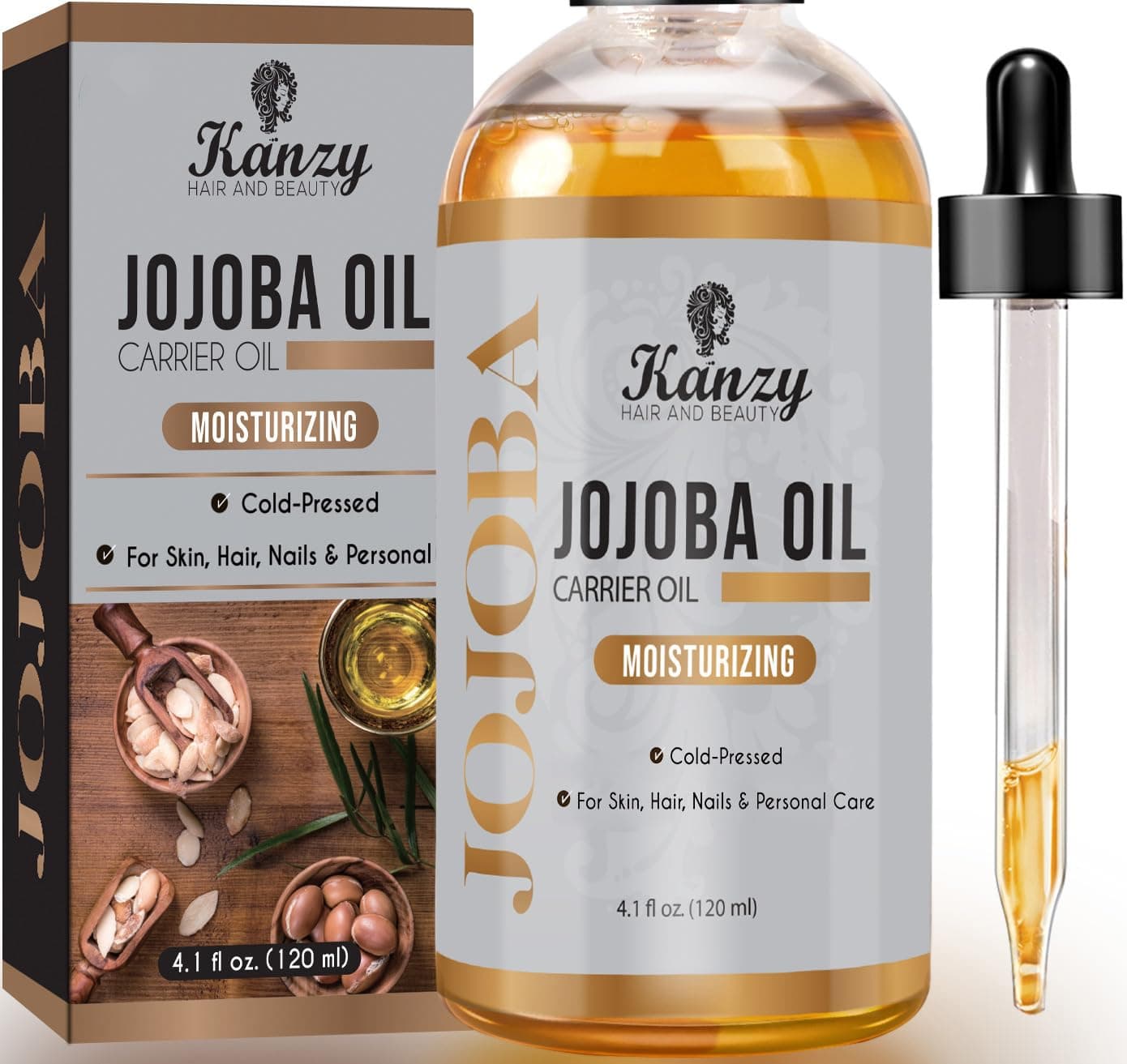 Kanzy Olio di Jojoba Puro Pressato a Freddo 120ml - Olio di Jojoba Non Raffinato per Viso, Corpo, Capelli, Cuoio Capelluto e Barba
