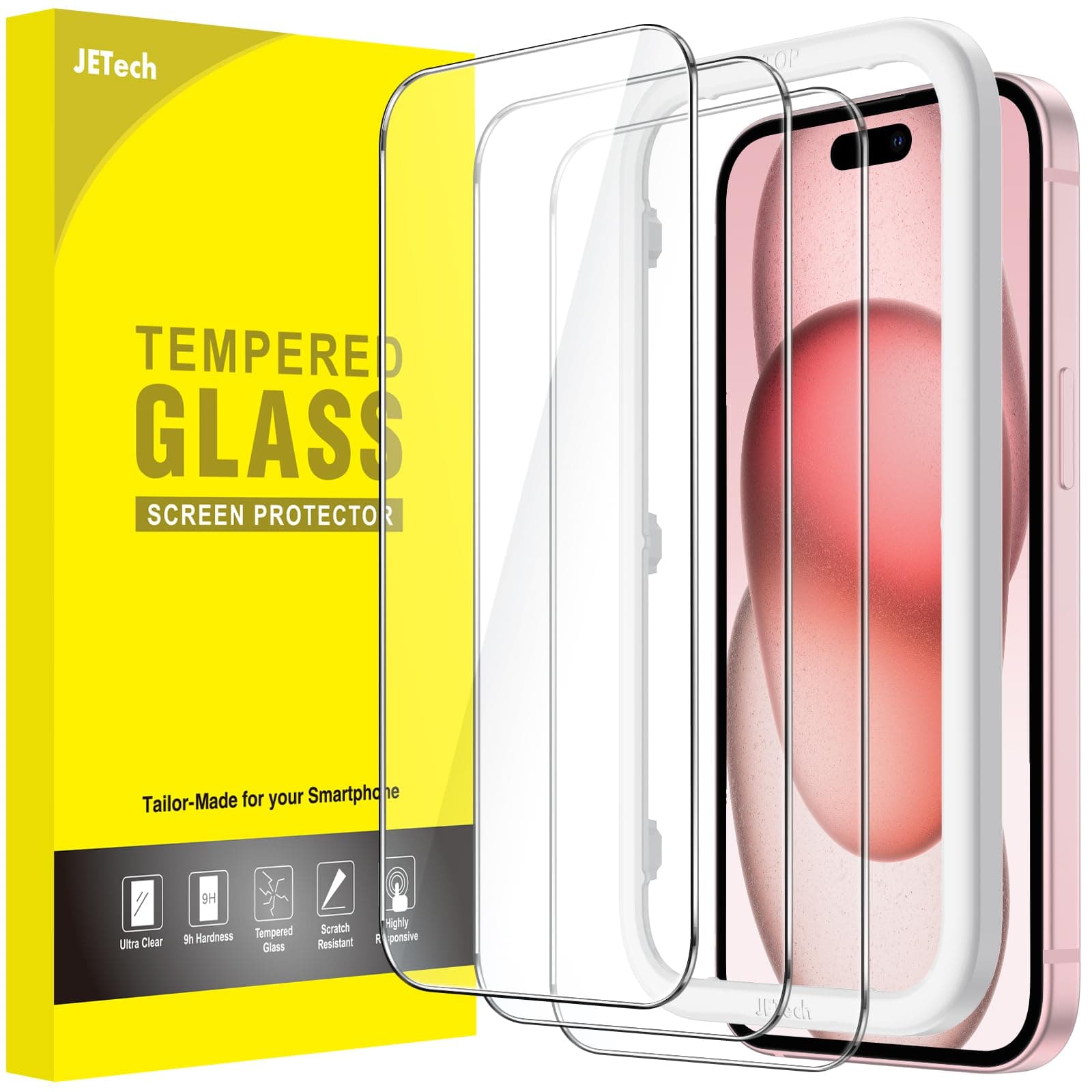 JETech Schutzfolie für iPhone 15 6,1 Zoll, Panzer Schutz Glas Folie Displayschutz mit Einfaches Installationswerkzeug, Hat Keinen Einfluss auf die Hülle, HD Klar, 3 Stück