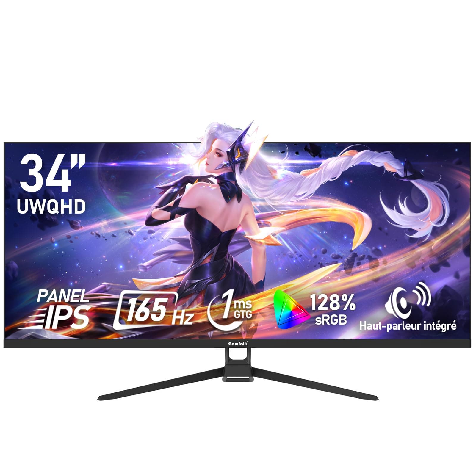 Gawfolk Écran PC IPS Ultra-Large de 34 Pouces，Moniteurs de Jeu 165Hz, 21:9 UWQHD (3440x1440), Adaptive Sync, 128% sRGB, Haut-Parleur intégré,DisplayPort, HDMI, VESA 75 * 75MM- Noir