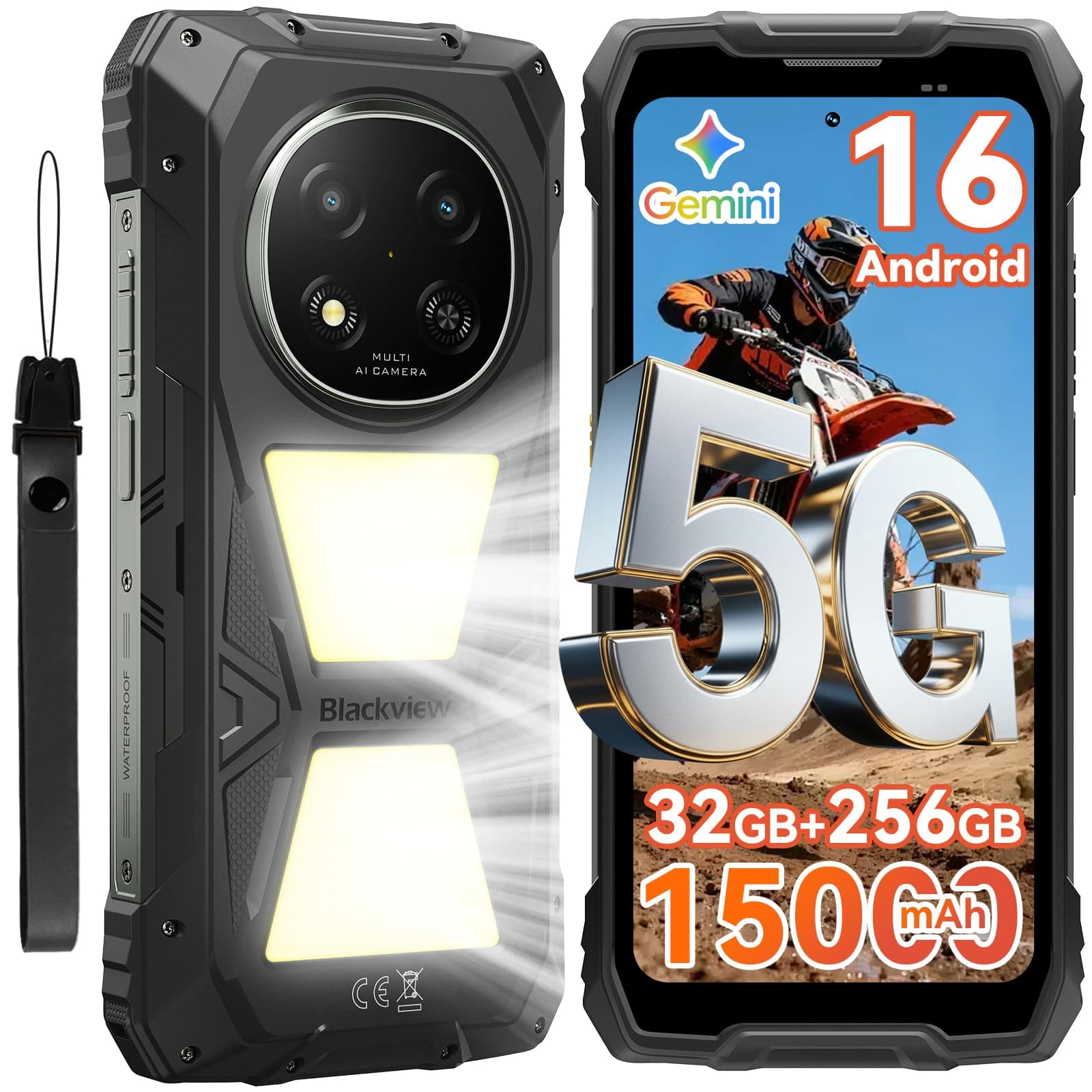 Blackview Rock 2 Pro Movil Irrompible, Android 16 Movil Indestructible 5G 32GB+256GB, 6.67" HD+ Display 120Hz 15000mAh IP69K Móvil Rugerizado, 16MP AI Kamera, NFC/OTG/GPS/Gemini AI/Glove Mode 2.0