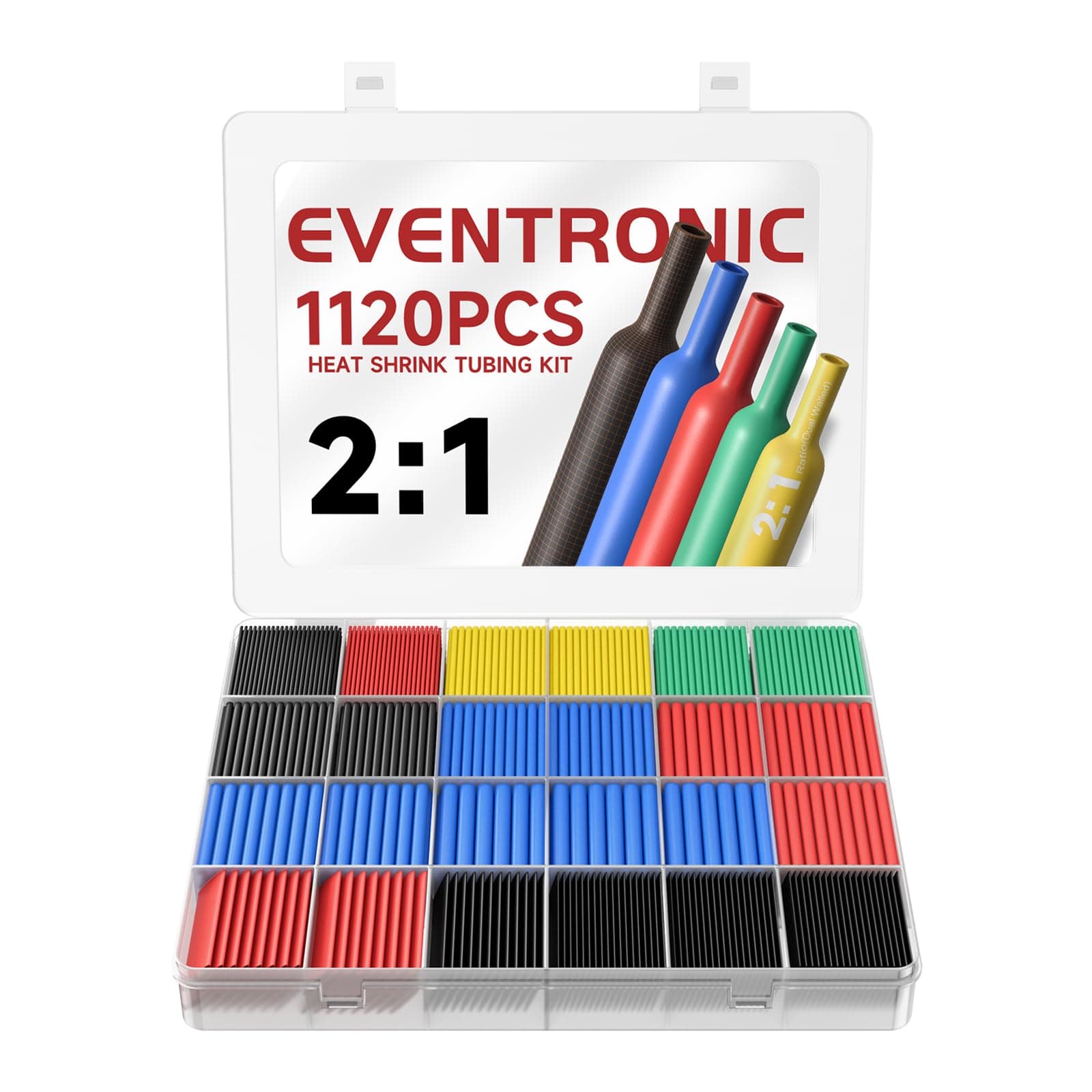 Eventronic Guaina Termorestringente 1120 Pezzi, Impermeabile IP56, Totale 50,4m, in 5 Colori, 12 Misure, Tdeale per l'isolamento Elettrico e le Connessioni dei Fili, Alta Resistenza, Non Sbiadisce Mai