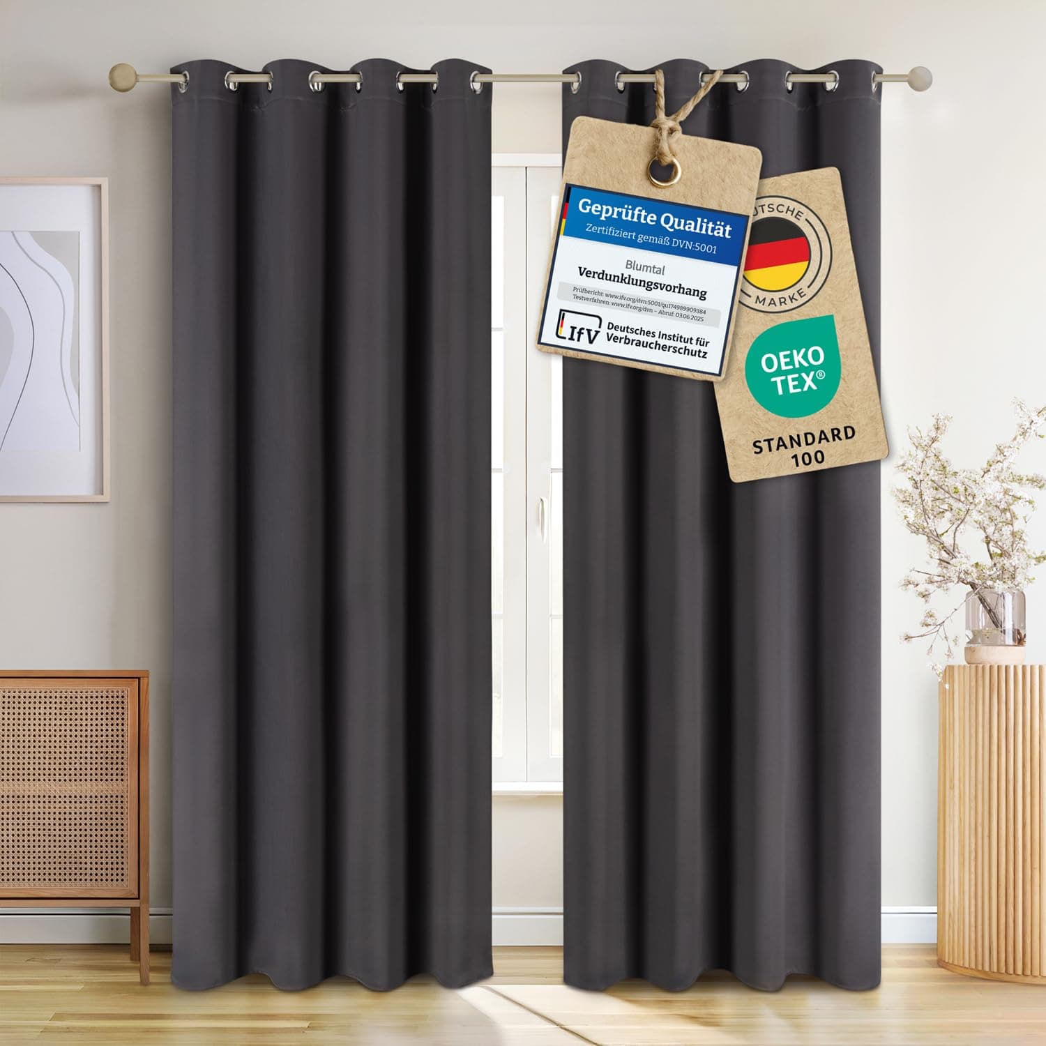 Blumtal 2er-Set Gardinen Verdunklungsvorhänge Blickdicht - Elegante Wärmeisolierende Vorhänge mit Ösen, Thermovorhang für alle Fenster und Jahreszeiten, 245 x 140 cm, Anthrazit