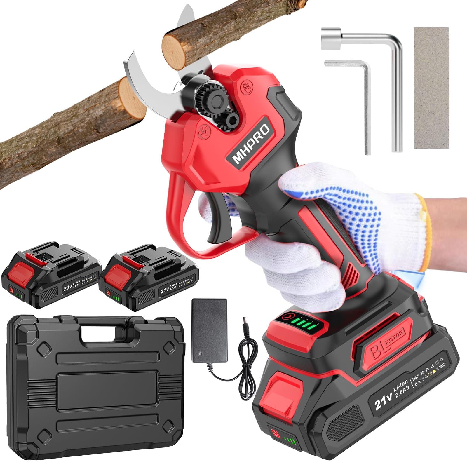 MHPRO Forbici Potatura a Batteria Brushless, Forbice Elettrica per Potatura 600W Con 2×Batterie 21V 2000mAh, Schermo LCD, per Frutteti, Paesaggistica e Giardinaggio Professionale,Rosso
