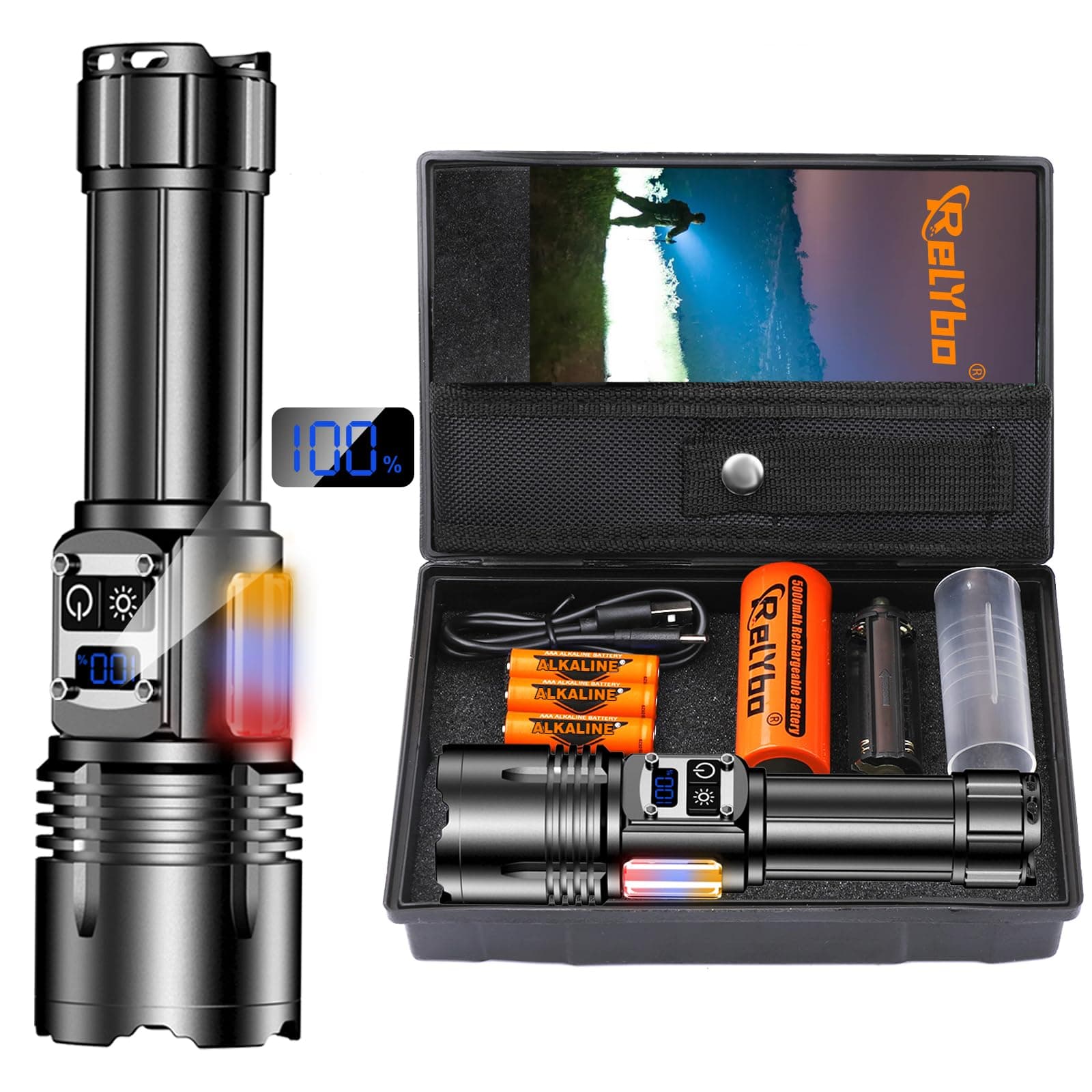 Relybo Torcia Led Potente Professionale, 1000000 Lumens Torcia Led Ricaricabile, Torce Led Alta Potenza Ricaricabili, 9 Modalità, Luce Laterale COB, Torcia Tattica Militare Per Campeggio Emergenza