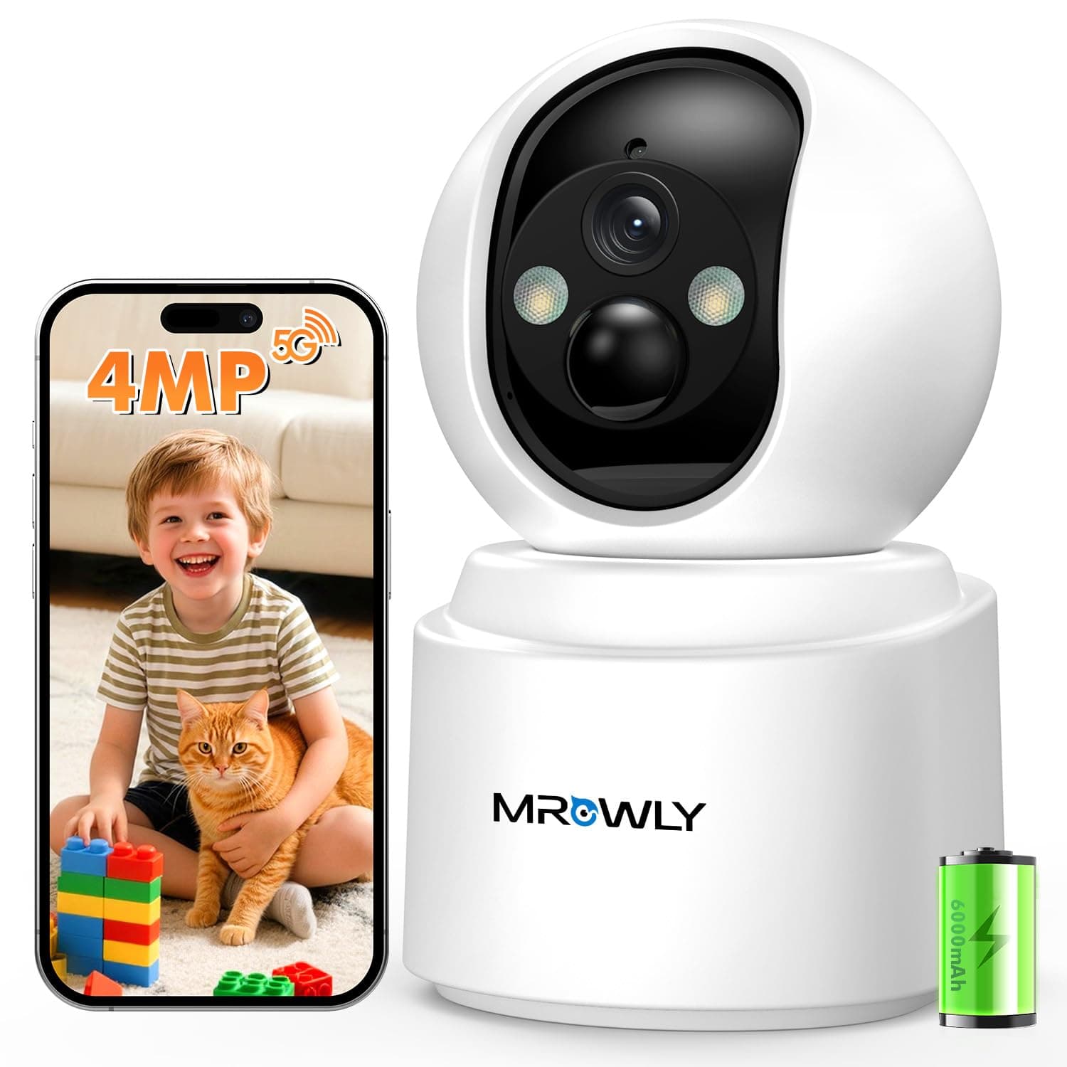 Mrowly 2.5K 4MP Camara Vigilancia WiFi Interior Sin Cable con Batería 6000mAh, 2.4/5GHz WiFi, 360° PTZ, Bebé/Animal/Seguridad para El Hogar, Detección PIR, Visión Nocturna Color, Conexión Bluetooth