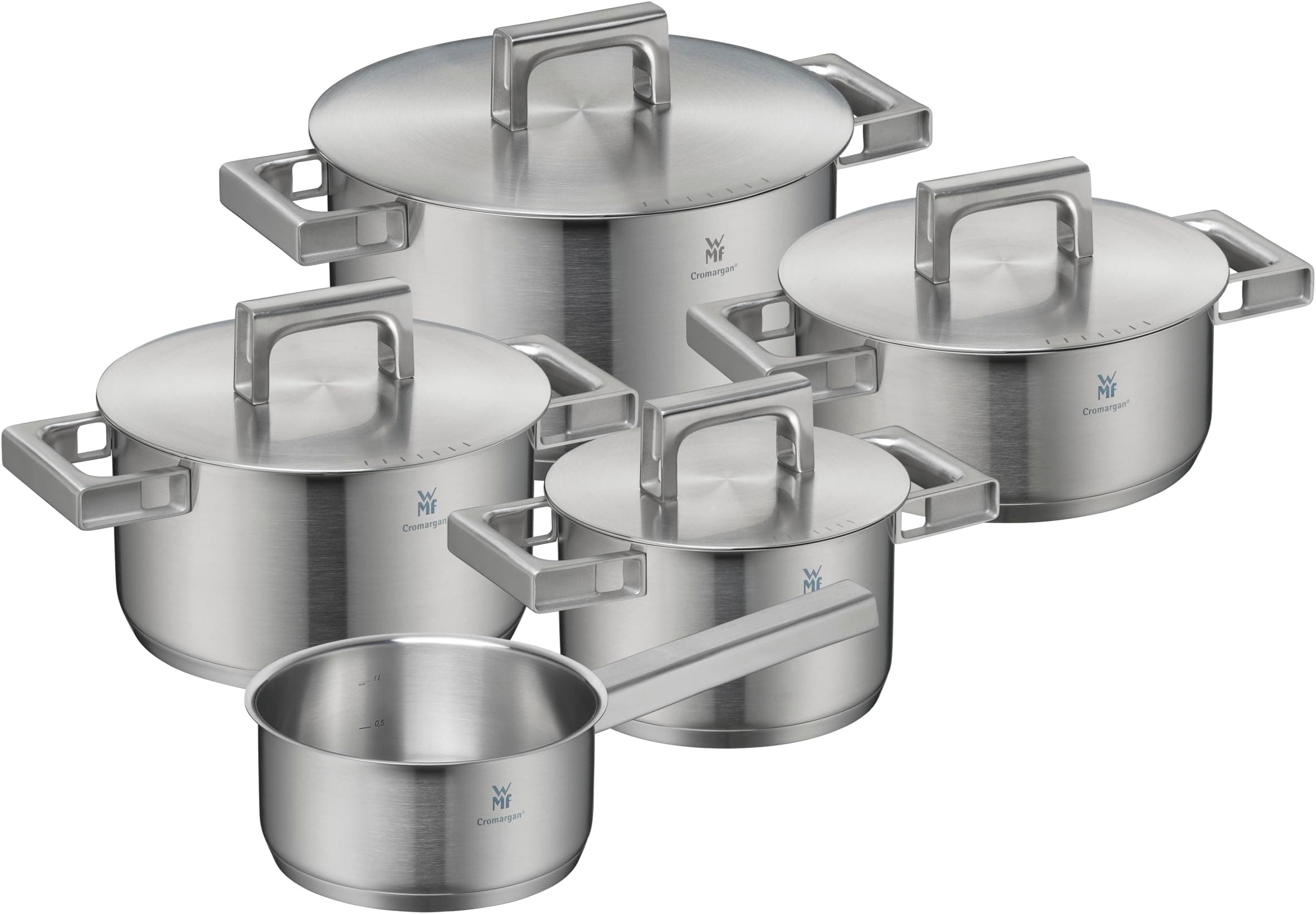 WMF Ultimate Cool Lot de 5 casseroles à induction avec couvercle en acier inoxydable Cromargan mat et graduation intérieure, passe au lave-vaisselle