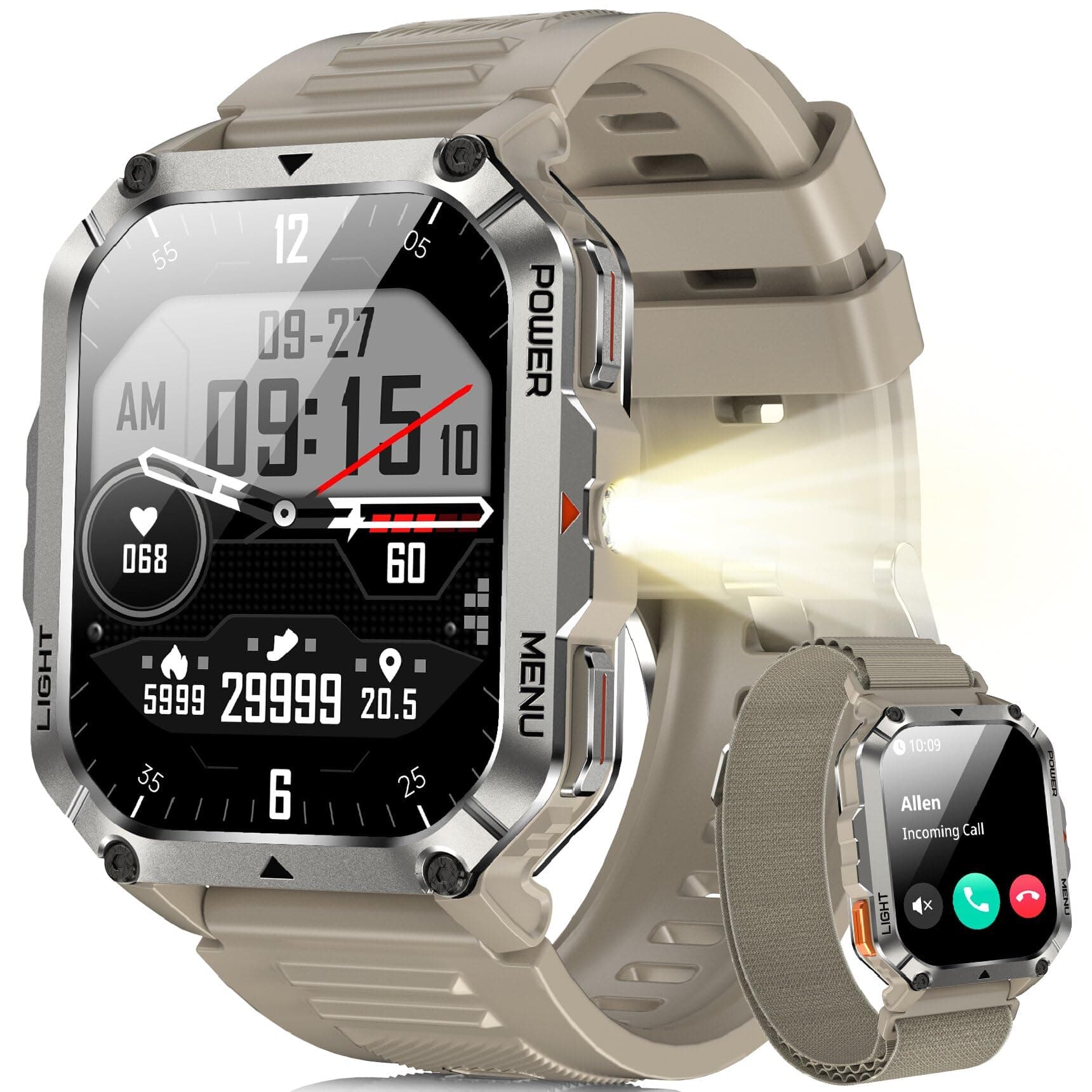 Blackview Reloj Inteligente Hombre Militar - Linterna y Brújula, 2.01"Smartwatch Hombre con 100+ Modos Deportivos, Llamadas Bluetooth/Notificación, Pulsómetro/Oxímetro/Sueño, Pulsera Actividad(Caqui)