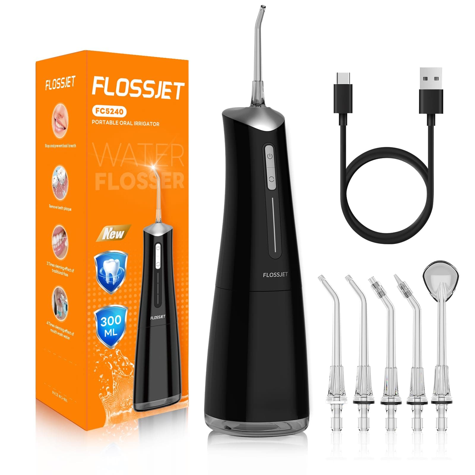 FlossJet Idropulsore Dentale Portatile Irrigatore Orale Professionale 4 Modalità e Capacità 300ML Elettrico Water Flosser Pulizia Denti Tartaro Ricaricabile Impermeabile IPX7 per Viaggi a Casa Nero