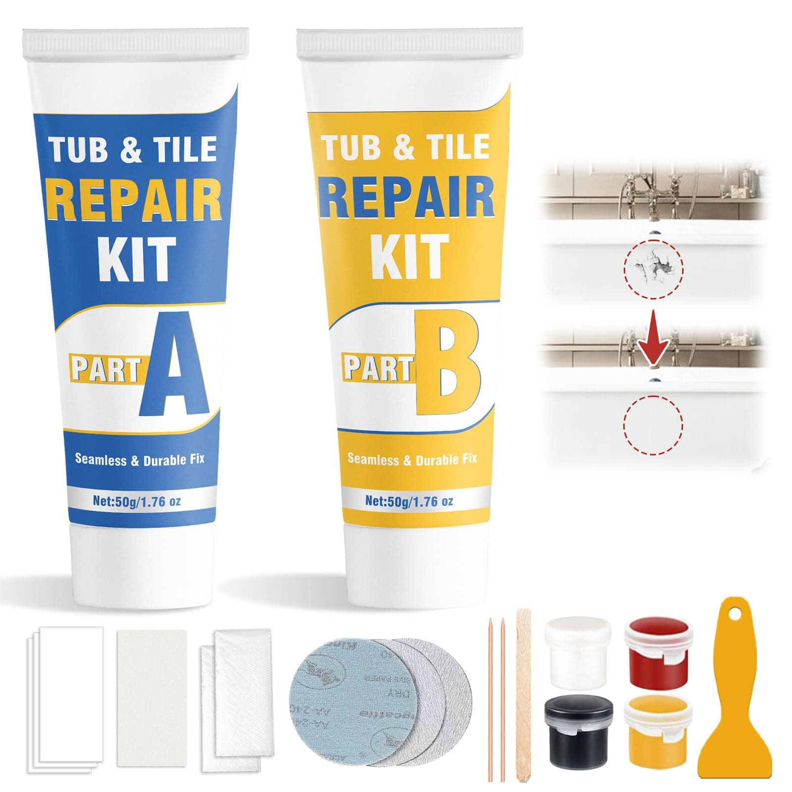 Kit Reparación Bañera Impermeable, Reparar Graffitis, Agujeros y Grietas en Cerámica, Porcelana, Azulejos, Resistente Agua Calor, Reparación Permanente, Incluye Espátula y Papel de Lija (1 pack)