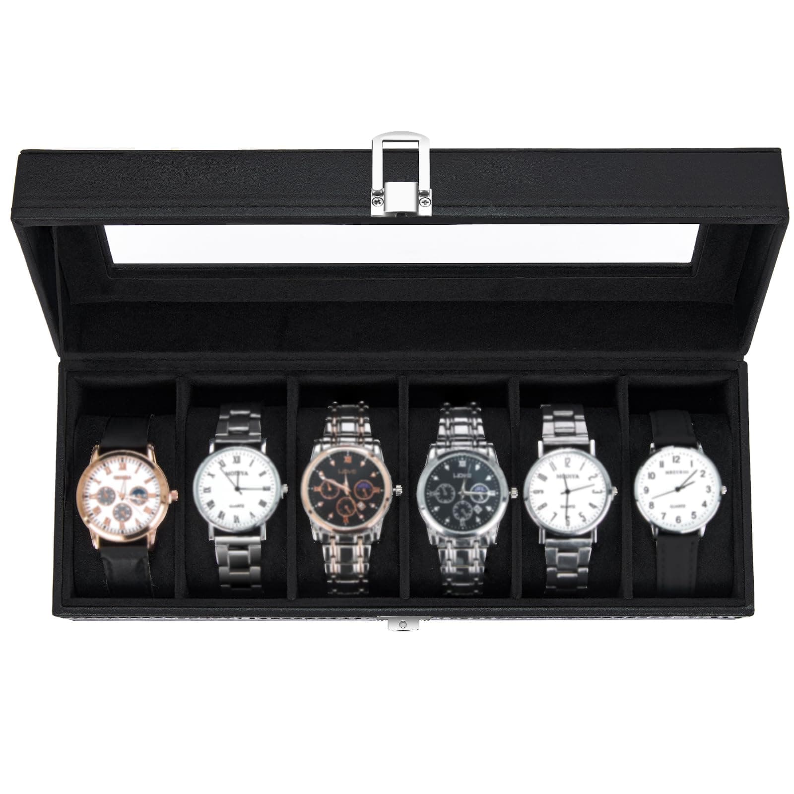 Ohuhu Uhrenbox mit 6 Fächern, Watch Box Uhren Aufbewahrungsbox mit Glasdeckel & Metallschnalle, Uhren Box aus PU Leder und Samt Innenfutter, Uhrenbox Herren Frauen, Geschenk für Geburtstag