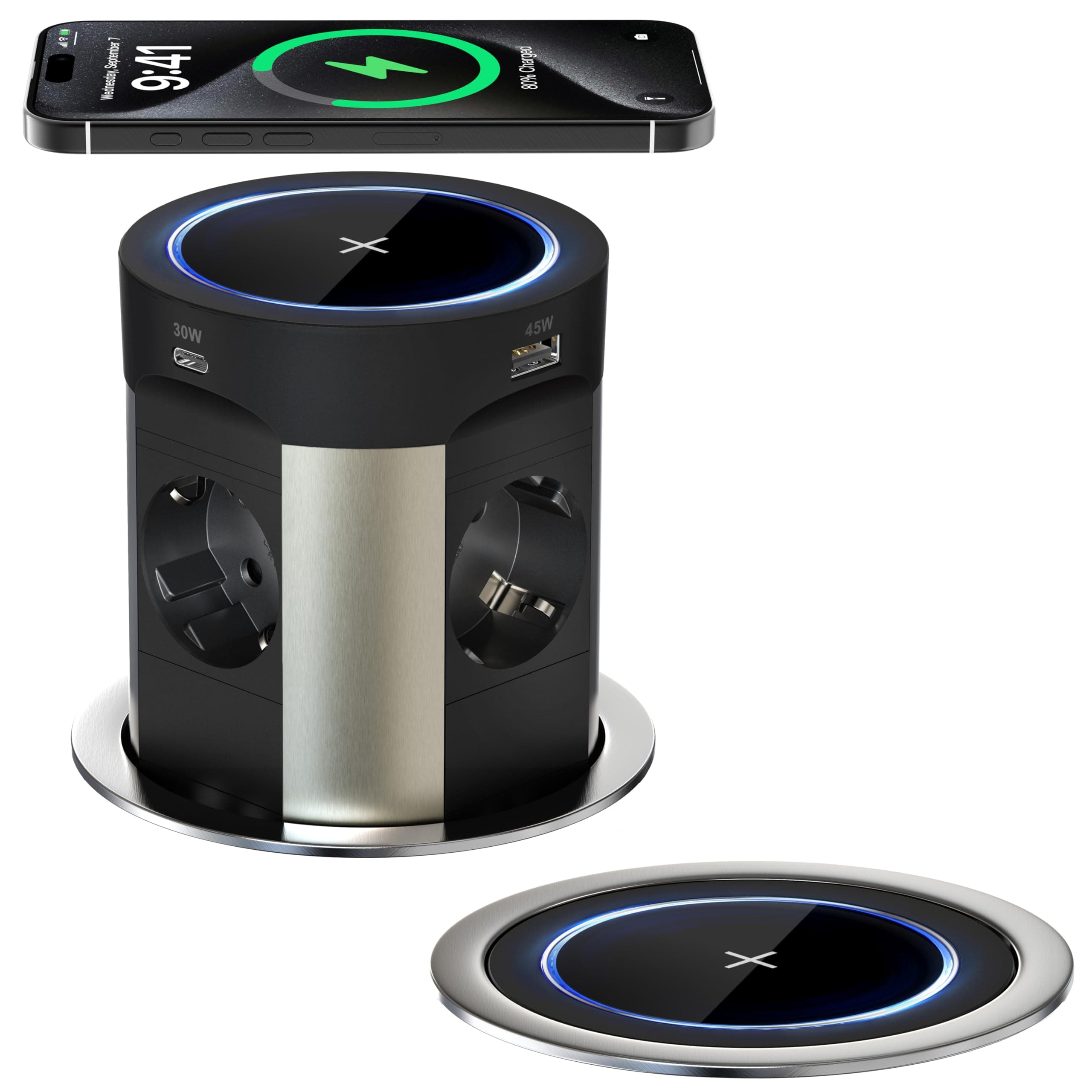 Multiprise encastrable 9 en 1 avec 4 Prises, 2 USB-C PD 75W, 2 USB-A & Charge sans Fil 15W – Prise encastrée pour Cuisine, Bureau, Plan de Travail, câble 1,8 m, Ø100 mm, Noir-Sewingvr