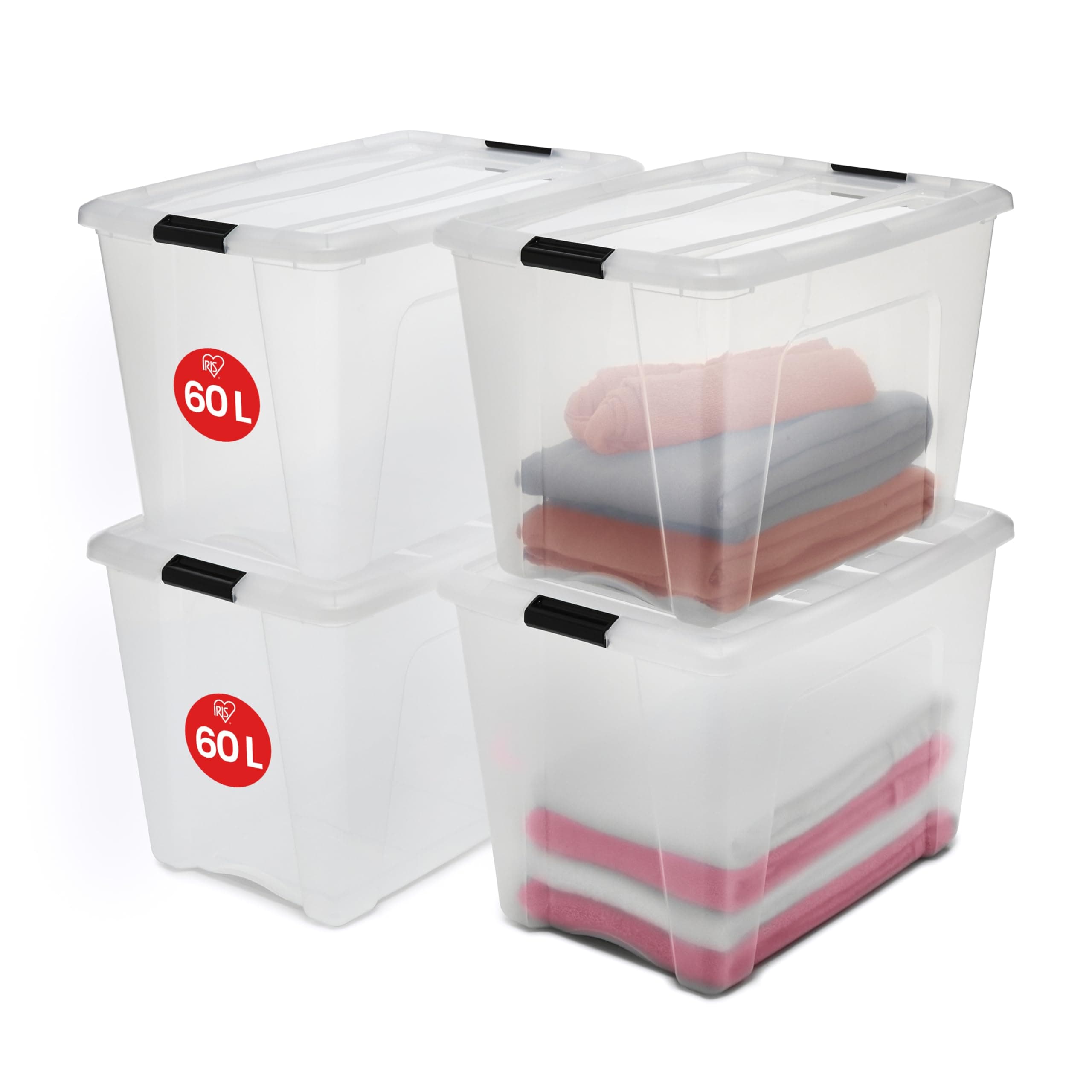 Iris Ohyama Aufbewahrungsboxen mit Deckel, 60L, 4er-Set, Transparent, Sicherer Verschluss, Stapelbar, Griffe, für Schlafzimmer, Schrank, Organisation, BPA-freies Plastik, Ordnungsboxen, NTB-60