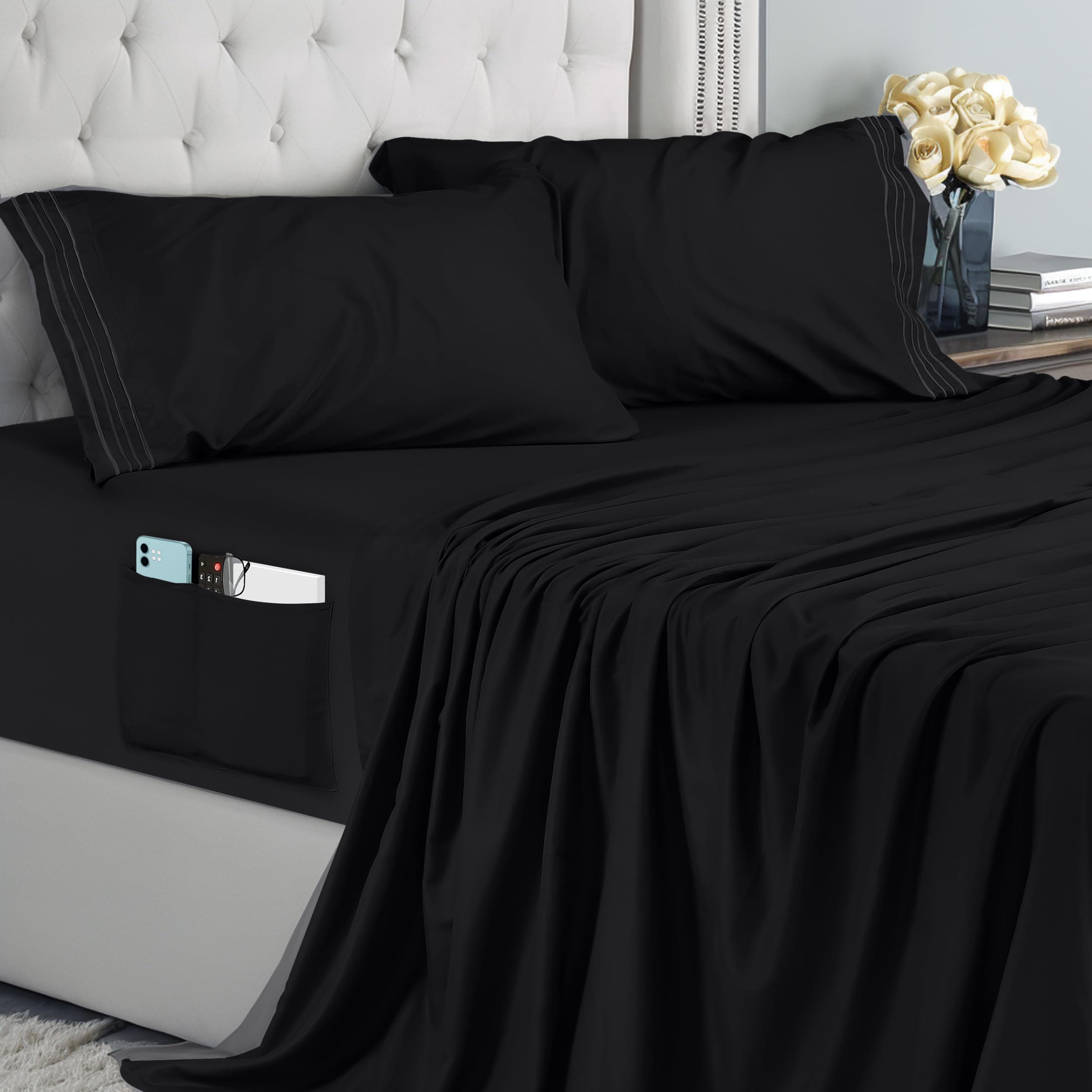 Utopia Bedding Juego de Sabanas 4 Piezas 150x200 - Microfibra De Poliéster, Sábana Bajera con Bolsillos de Almacenamiento, Sábana Plana Y 2 Fundas De Almohada Bordadas (Cama 150, Negro)
