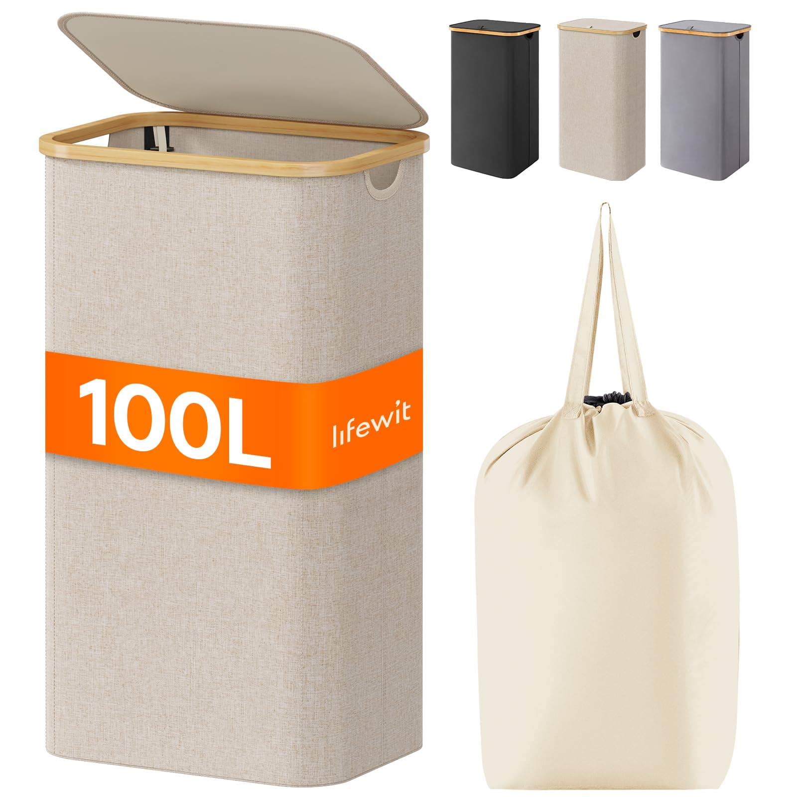 Lifewit Cesto para la Ropa Sucia de 100L con Tapa, Cesta para la Colada con Asas de Bambú y Una Bolsa Extraíble, Cesto de Ropa Plegable Grande para Dormitorio, Cuarto de Baño, Lavadero, Beige