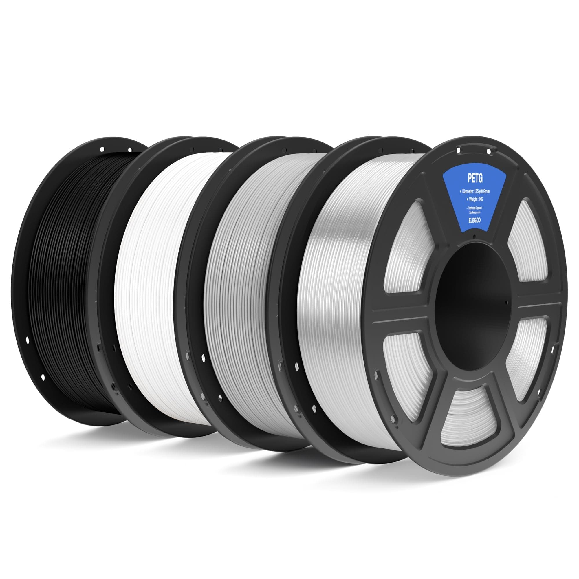 ELEGOO Filamento PETG 1.75 4KG Negro Blanco Traslúcido Gris, Filamento PETG para Impresora 3D, Precisión Dimensional +/- 0.02mm, Carrete Filamento 3D, para Mayoría Impresoras 3D