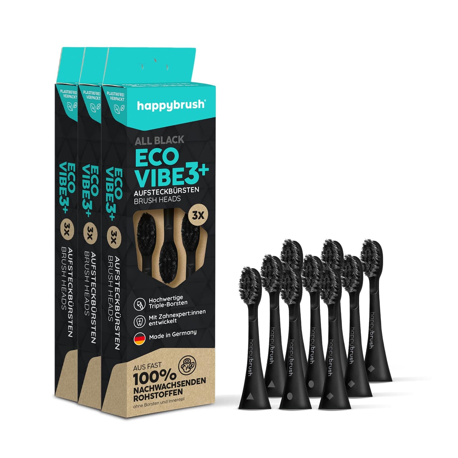 happybrush® Nachhaltige Aufsteckbürsten für elektrische Schall-Zahnbürste Eco VIBE 3 - Allblack - 3x3 Stück