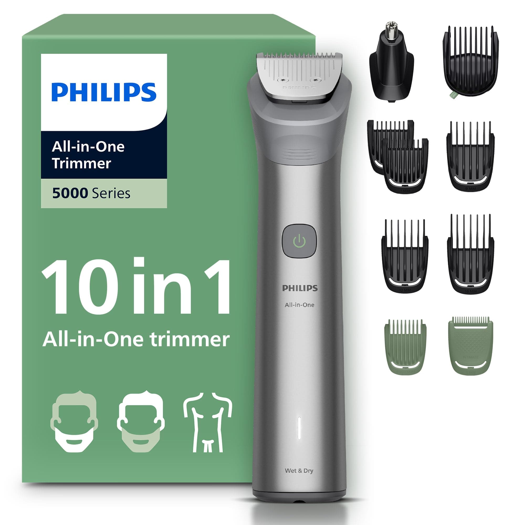 Philips Recortadora todo en uno de 10 en 1 Serie 5000 - Afeitadora y cortapelos hombre para rostro, cabeza y cuerpo, cuchillas de acero autoafilables, 11 longitudes (0,5-16 mm), recargable, MG5918/15