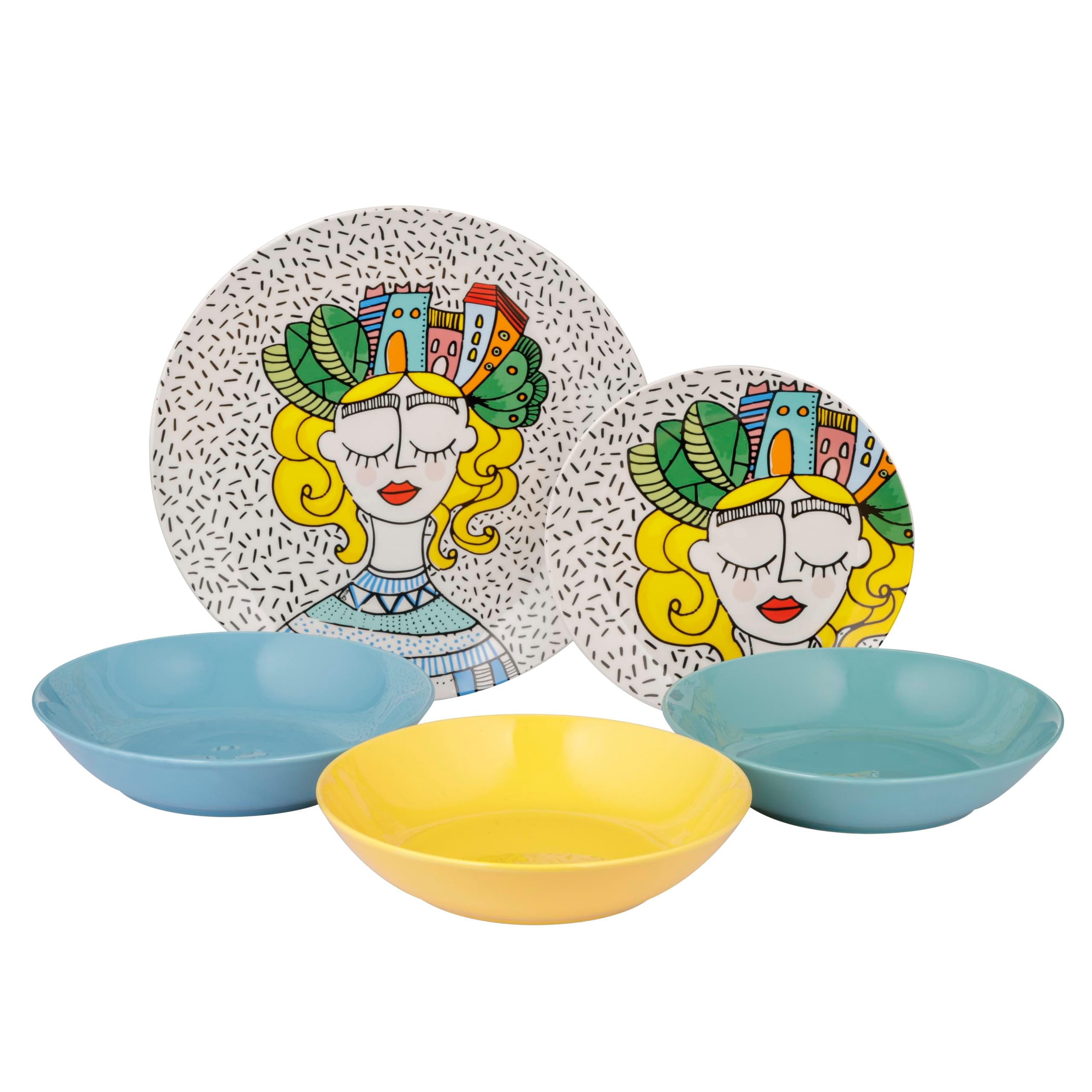 Baroni Home Servizio di Piatti da 18 pezzi in Porcellana e Gres, Servito da Tavolo Colorato per 6 Persone, Piatto Fondo, Piano, da Frutta o Dolce, Fantasia Ragazza City