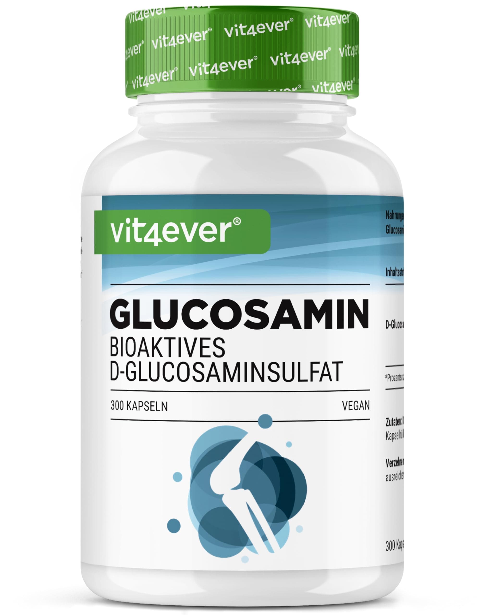 vit4ever Glucosamin 900 mg - 300 Kapseln - bioaktives D-Glucosaminsulfat aus Fermentation - ohne unerwünschte Zusätze - hochdosiert - vegan