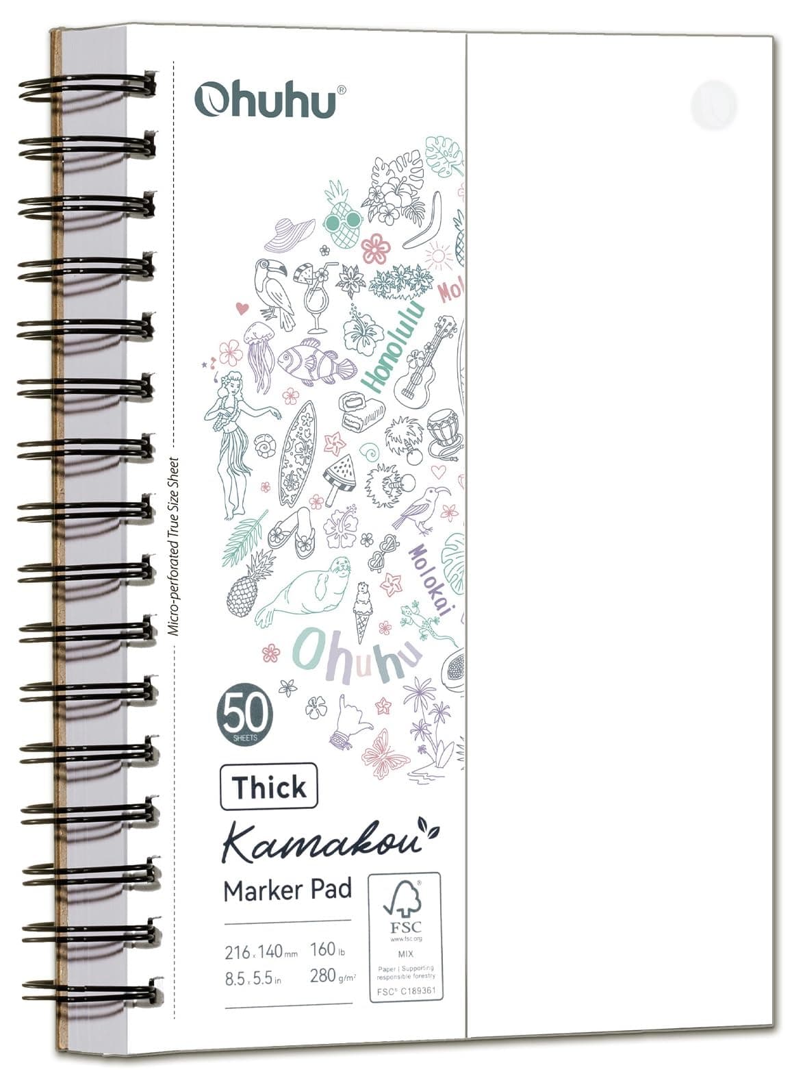 Ohuhu Skizzenbuch A5 - Doppelseitig Durchschlagfest, 280 g/m² superdickes Papie (50 Blatt/100 Seiten), Spiralgebundener Zeichenblock für Alkoholmarker Aquarell, Illustration & Skizzen, Hochformat