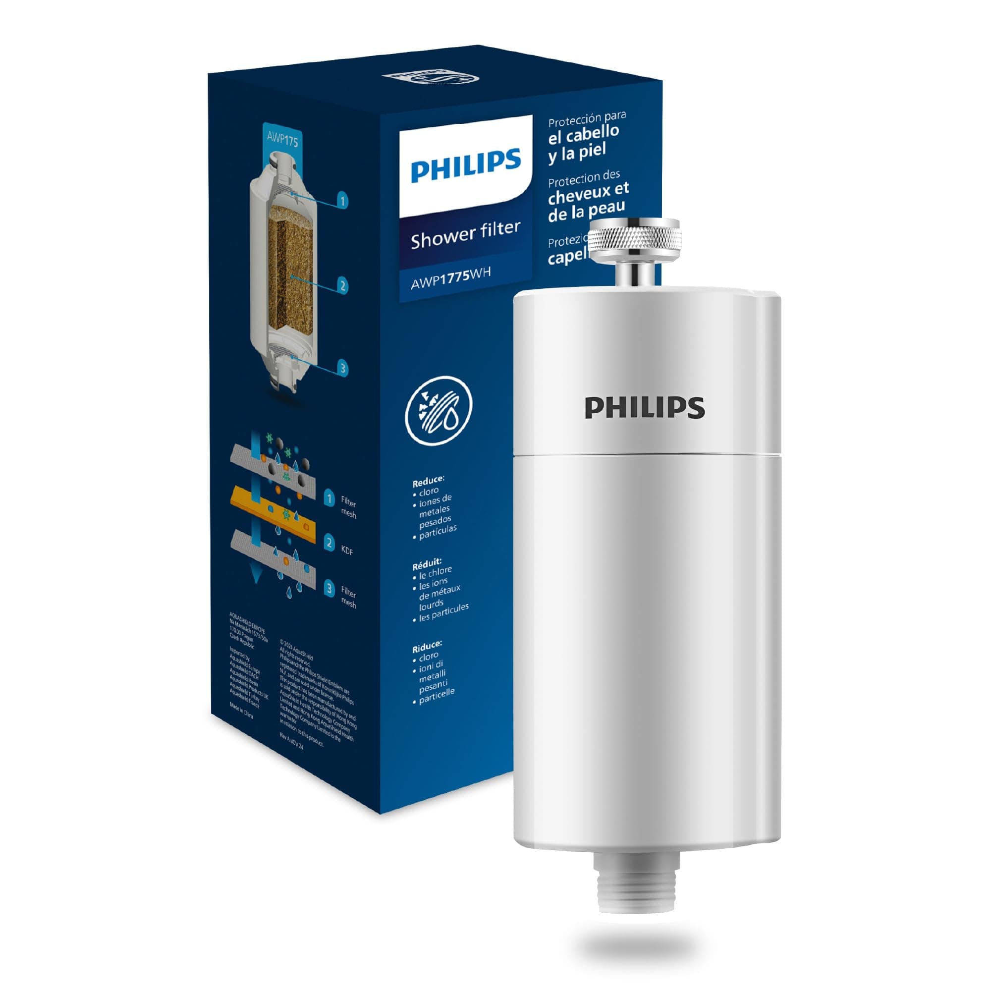 Philips Water Filtro de ducha en línea + 1 cartucho de repuesto, reduce el CLORO hasta un 99%, compatible con todas las mangueras y grifos estándar, capacidad de filtración 50 000 L por filtro
