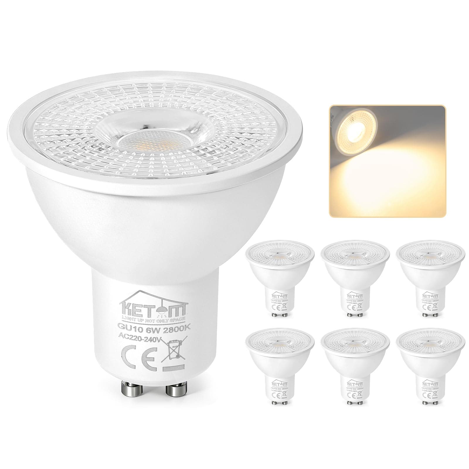 Ketom Lampadine LED GU10 2800K, Faretti LED GU10 Luce Calda, Lampadina 6W (Equivalenti a 60W), 480 Lumen, 120° Angolo del Fascio, Non Dimmerabili, 6 Pezzi