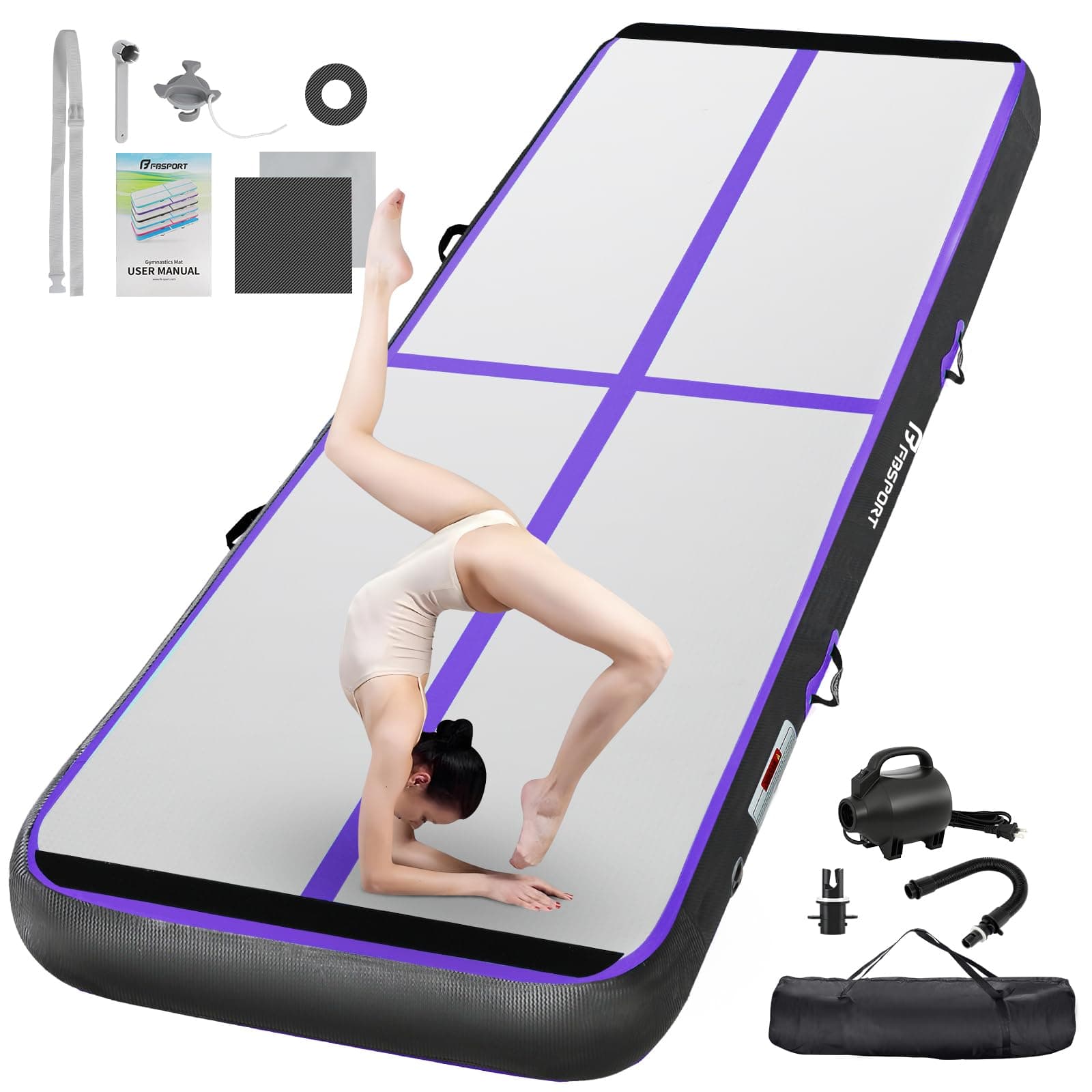FBSPORT Airtrack Matte,10/20cm Hoch Verdicken 2/3/4/5/6/ M Tumbling Matte,Gymnastikmatte mit Luftpumpe,Trainingsmatte mit Tragetasche,Turnmatte für Zuhause, Outdoor,Yoga, Übungsgymnastik usw