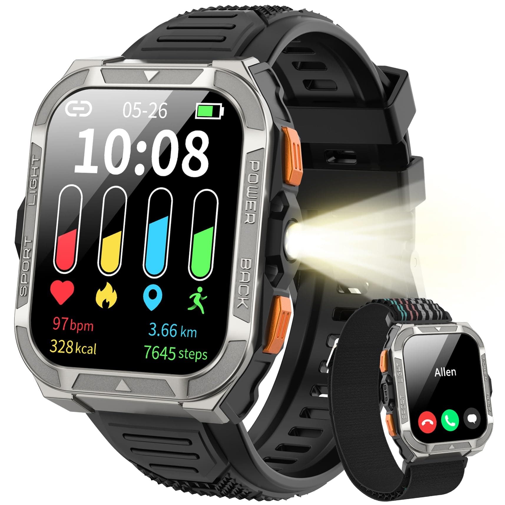 Blackview Reloj Inteligente Hombre Militar - GPS, Linterna, Brújula, AI, 1.91"Smartwatch Hombre con 100+ Modos Deportivos, Llamadas/Notificación, Pulsómetro/Oxímetro/Sueño, Pulsera Actividad (W80Pro)