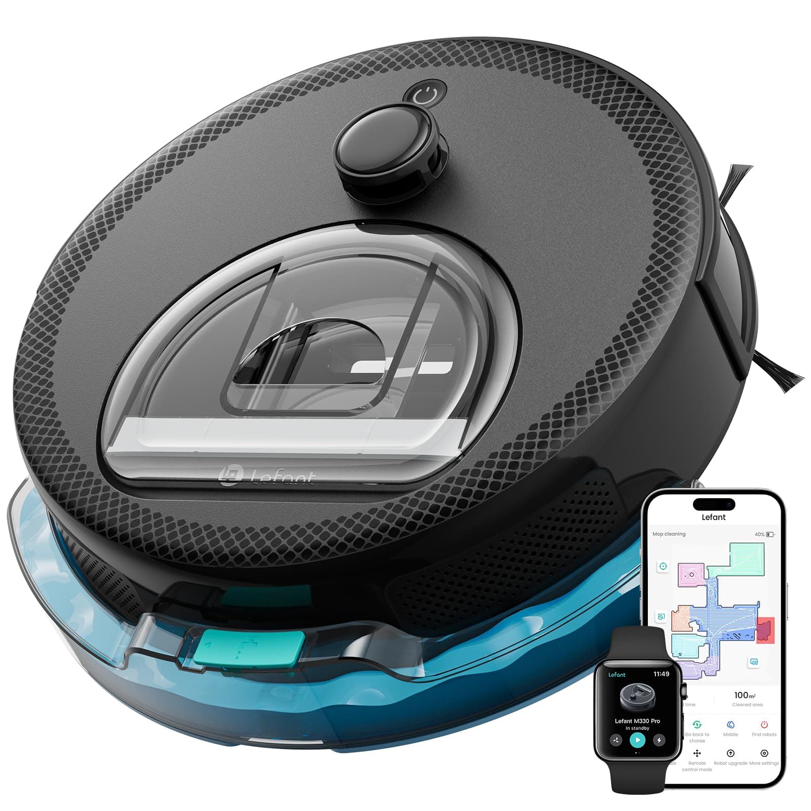 Lefant M330 Pro Robot Aspirapolvere Lavapavimenti con Mappatura, Aspirazione 5000Pa, 150min, Senza Grovigli, Navigazione dToF, Evitamento PSD, Ideale per Tappeti, Pavimenti Duri, Alexa/APP/WiFi, Nero