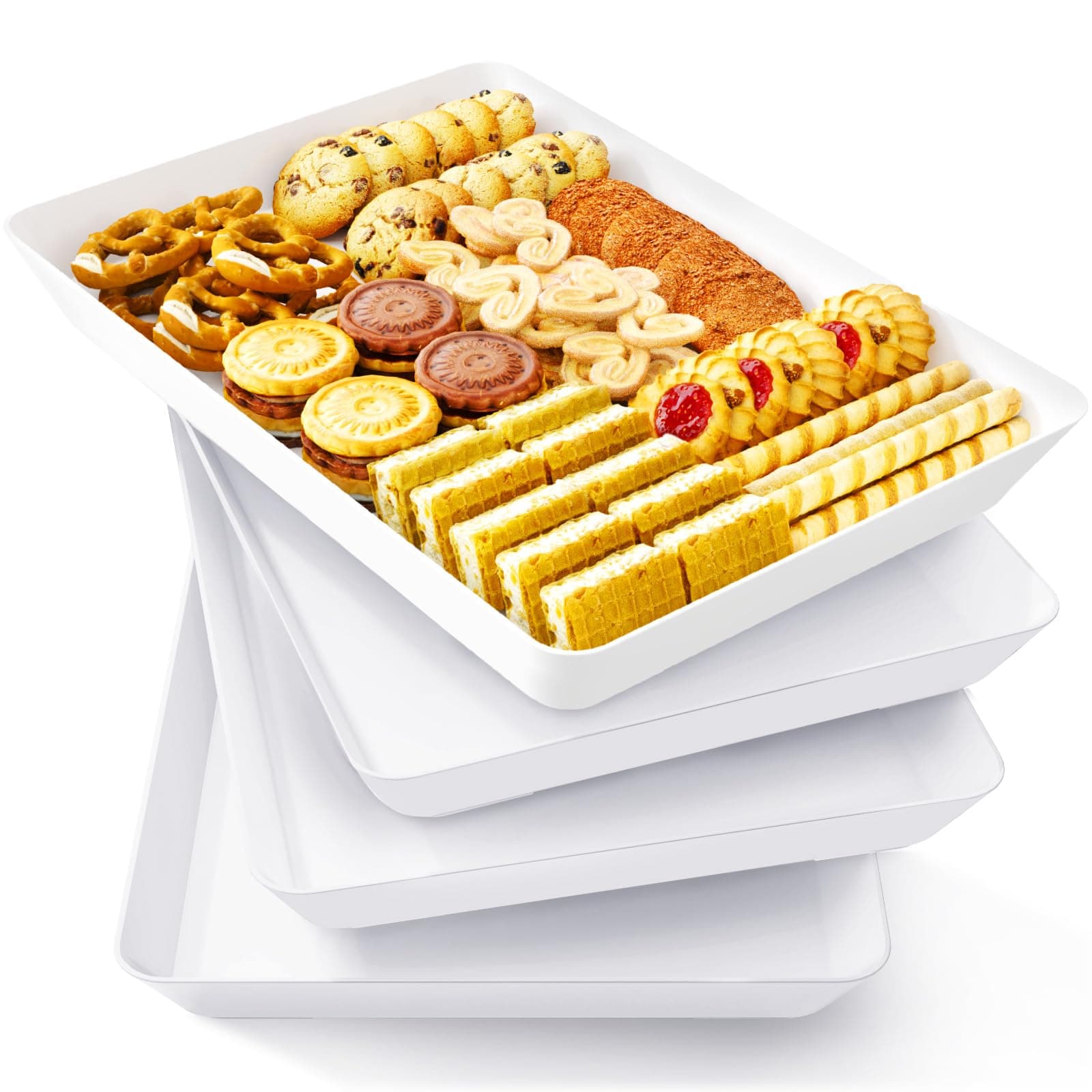 Lifewit Kunststoff Serviertablett, 34 x 24 cm, Großes Tablett, 4er-Set, BPA-frei, Wiederverwendbar, Servierplatte für Buffets, Feiern, Picknicks, Frühstück und Snacks, Weiß