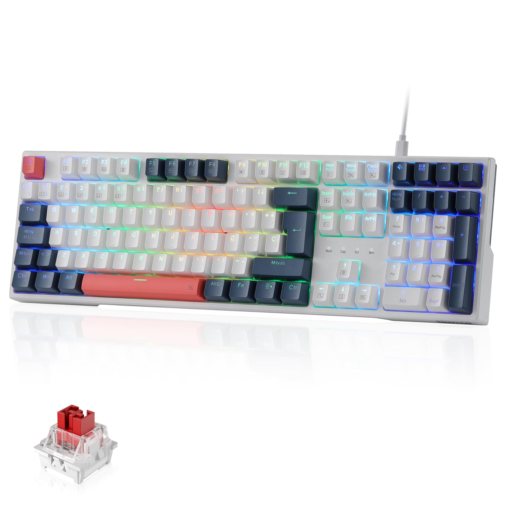 Redragon K668 RGB Teclado Gaming Mecánico Cableado 105+4 Teclas, Interruptores Rojos, Socket Hot-Swappable, Espumas Absorbentes, 2 Sets Teclas Mixtas, Disposición QWERTY Español
