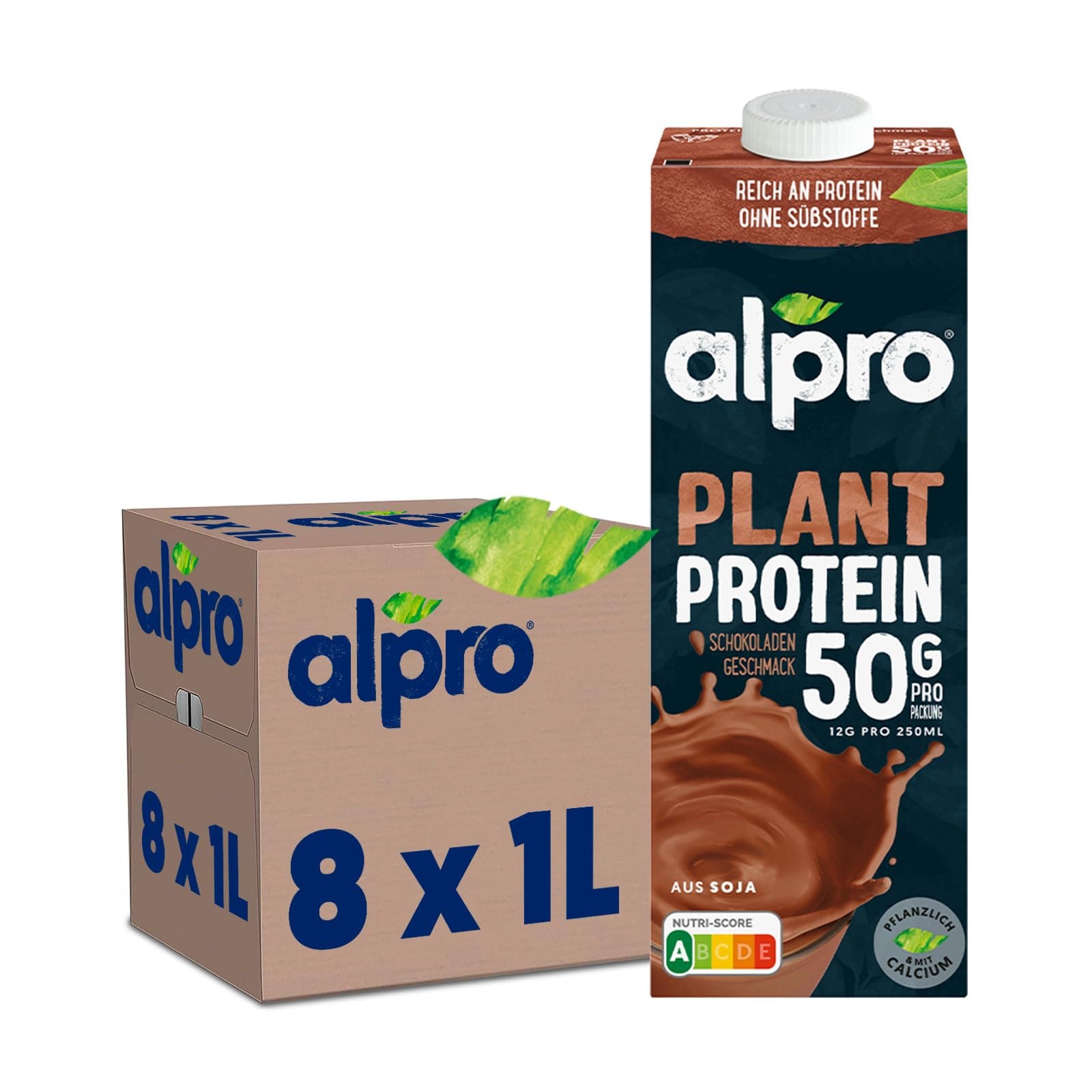 Alpro Proteindrink Soja Schokolade 8x1L | 100% pflanzlich | laktosefrei | zuckerarm | reich an pflanzlichem Protein