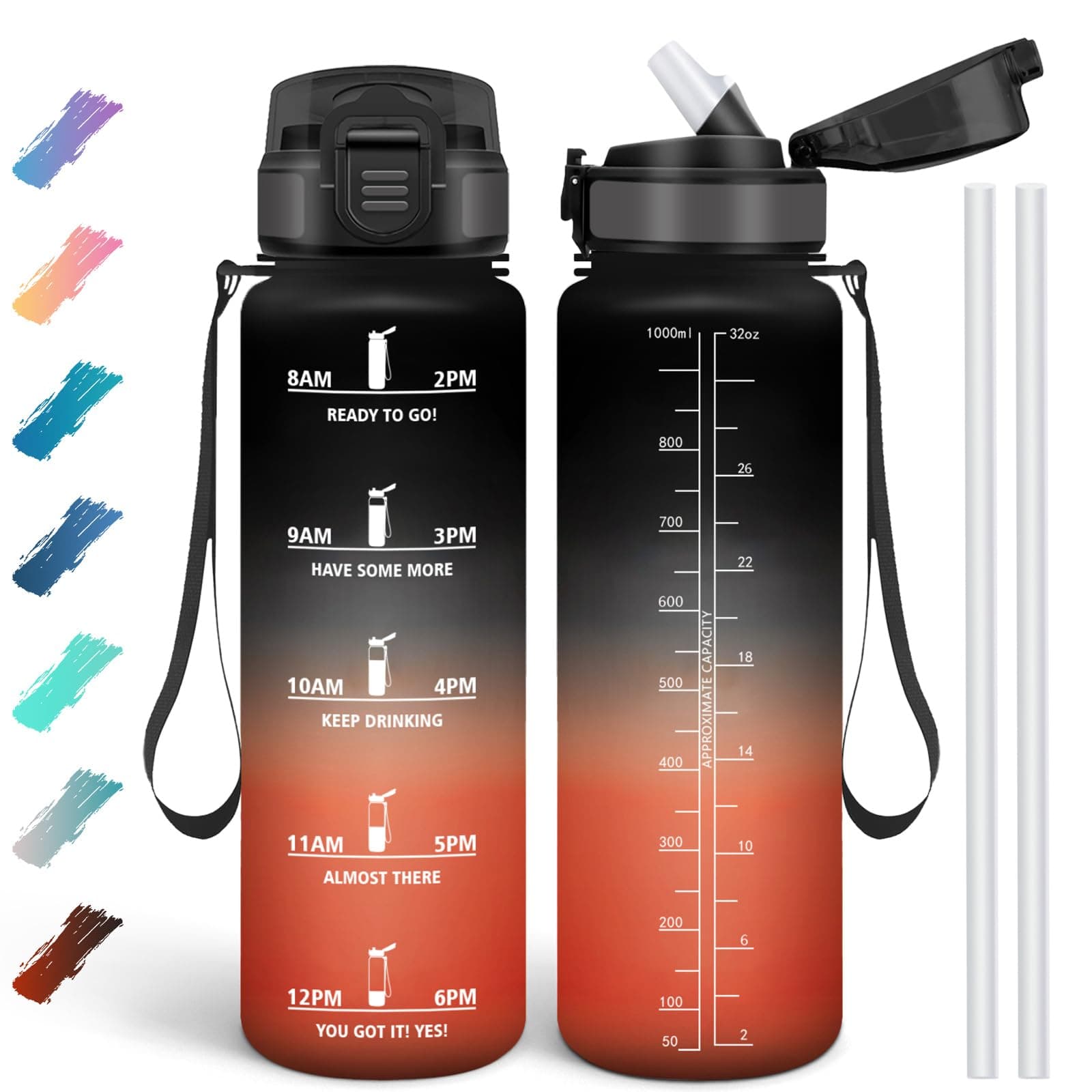 Motswedi Borraccia 1000 ml, Borraccia Motivazionale senza BPA, Borracce con Cannuccia Nero & Rosso