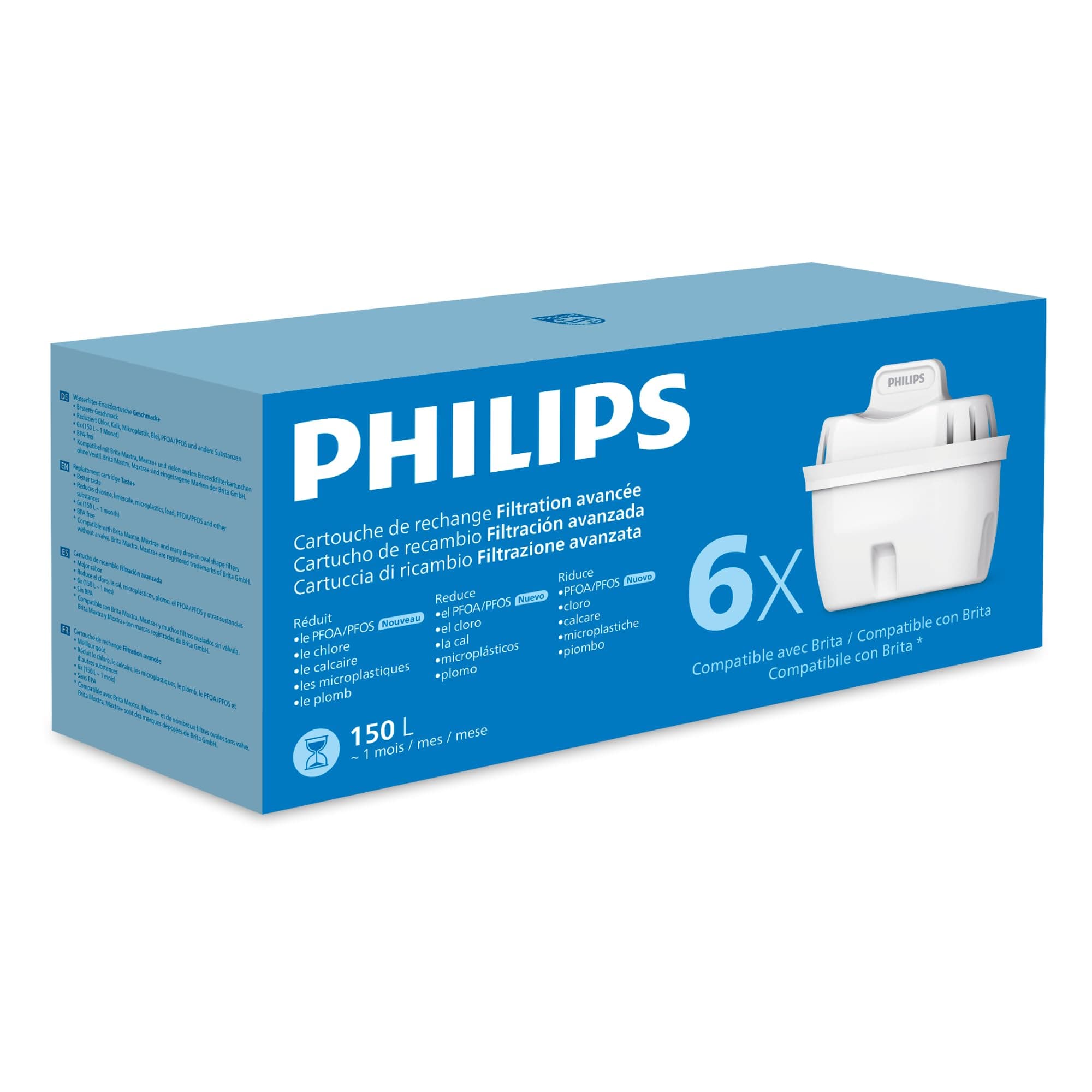 Philips Water Cartouches filtrantes de rechange Filtration avancée, paquet de 6, réduisent les MICROPLASTIQUES, le CHLORE, le CALCAIRE, les MÉTAUX LOURDS, Compatible avec Brita*