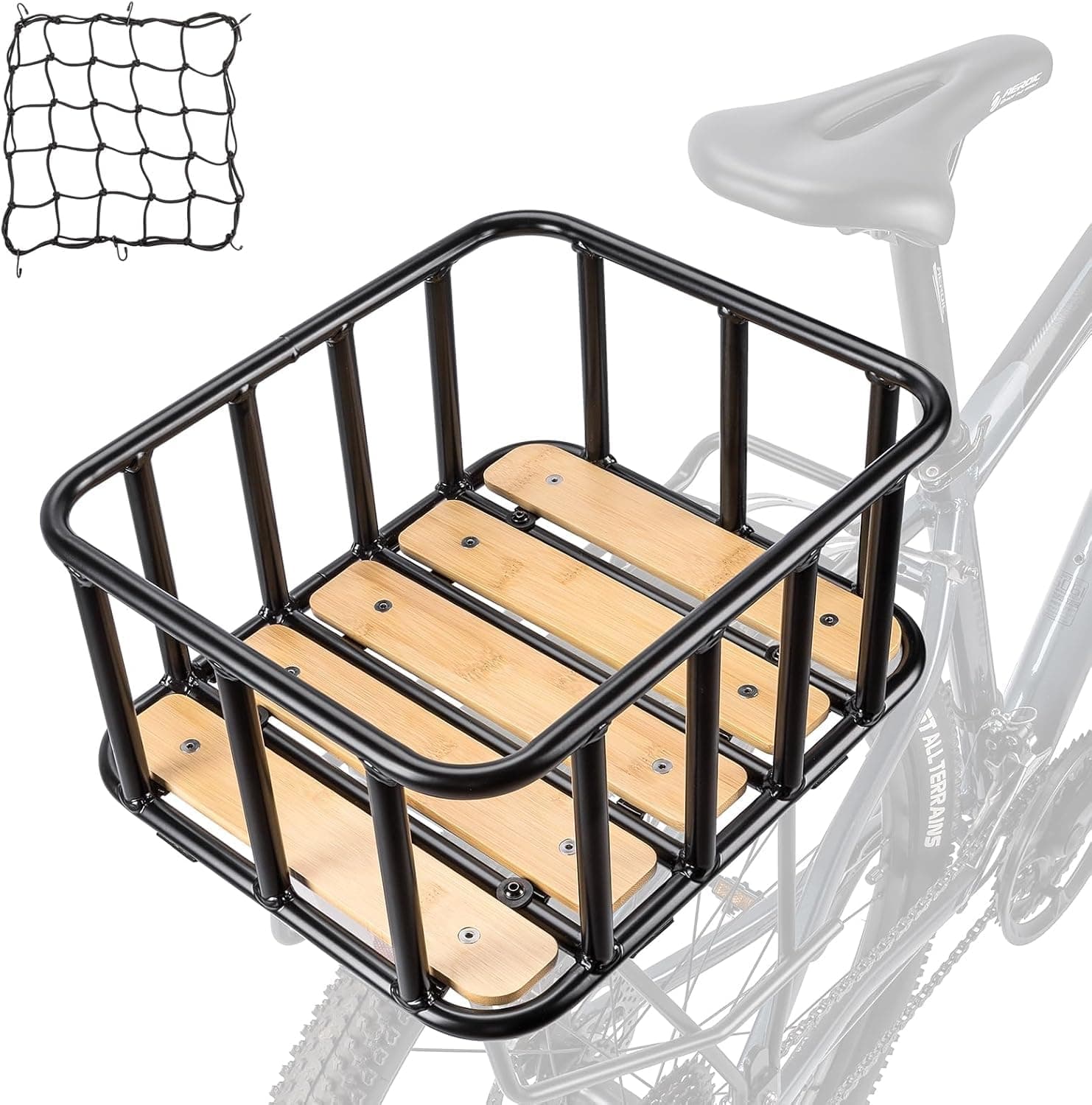 CXWXC Panier arrière de vélo – Grand panier porte-bagages avec fond en bois, housse imperméable et filet cargo haute capacité de charge