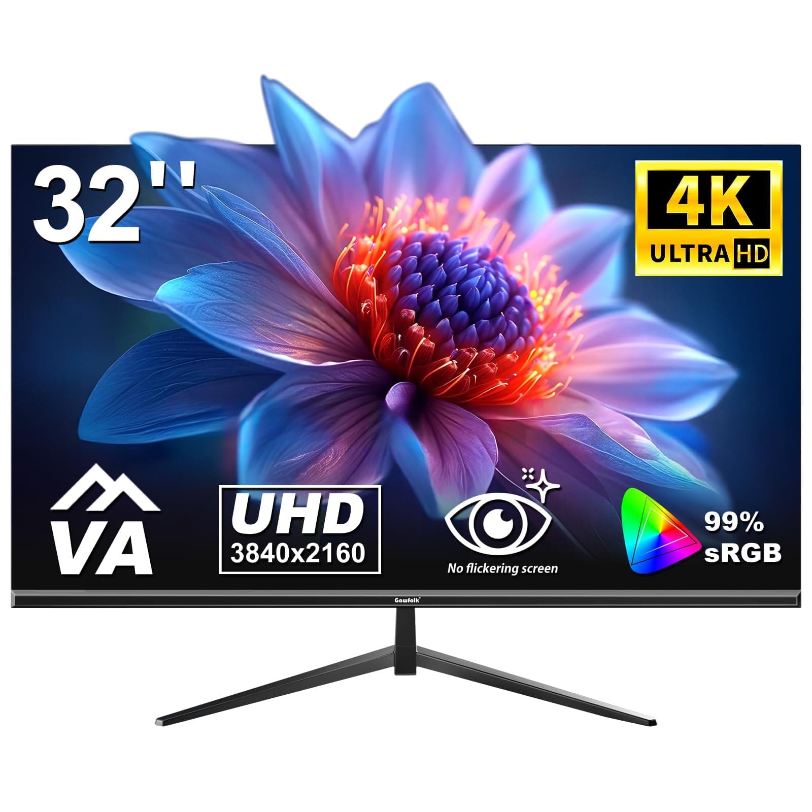 Gawfolk Écran PC 32 Pouces, Moniteur Gaming 60Hz, Ecran PC UHD 4K 3840x2160, 100% sRGB, 1ms MPRT, Haut Parleurs Intégrés, Interface HDMI & DP, Protection des Yeux, VESA 100 * 100
