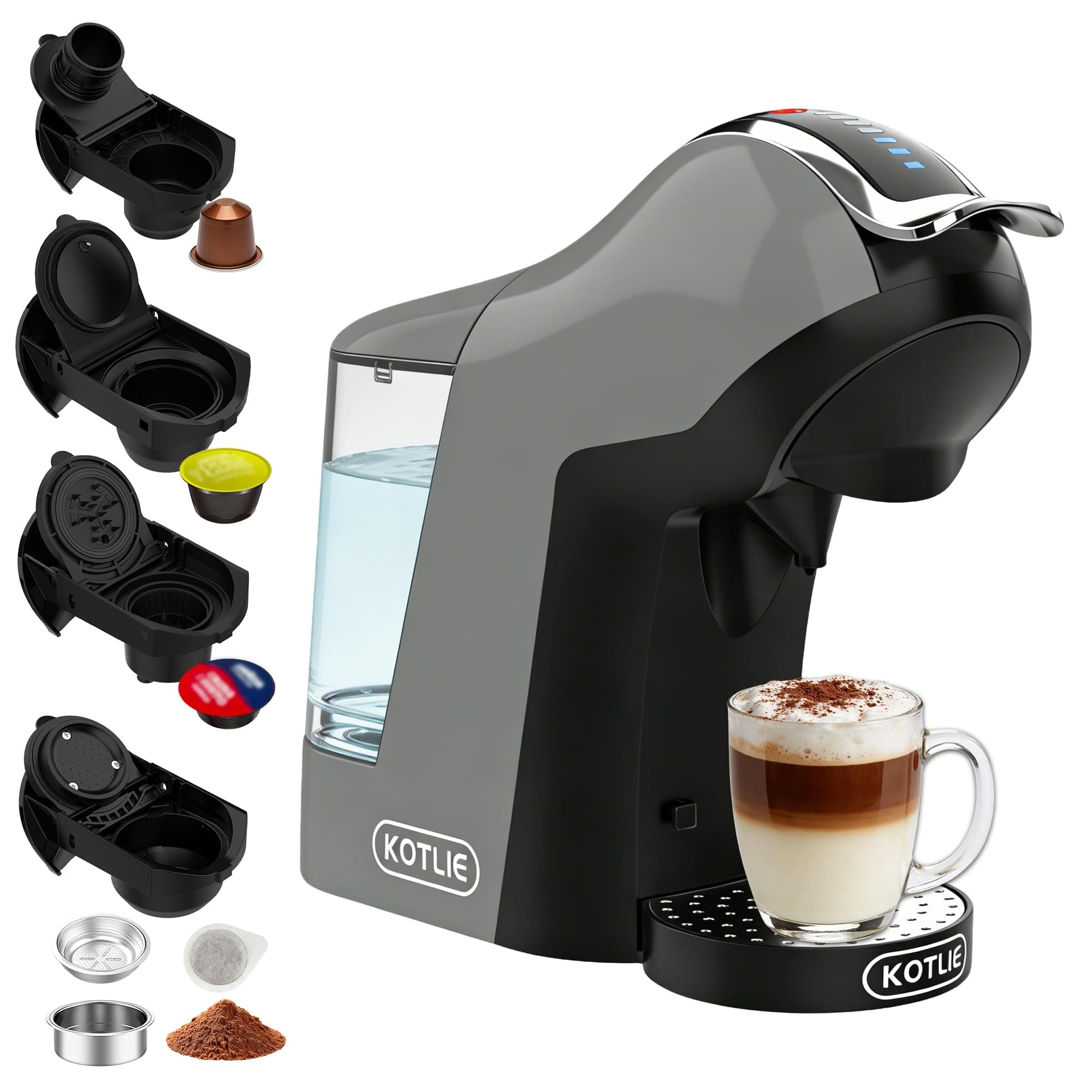 EM-308B Machine à café à capsules, 5 en 1, 19 bars, multi-capsules pour Nespresso Original/Dolce Gusto/ESE Pads (44 mm), réservoir d'eau 1 l, 3 températures/7 quantités d'eau