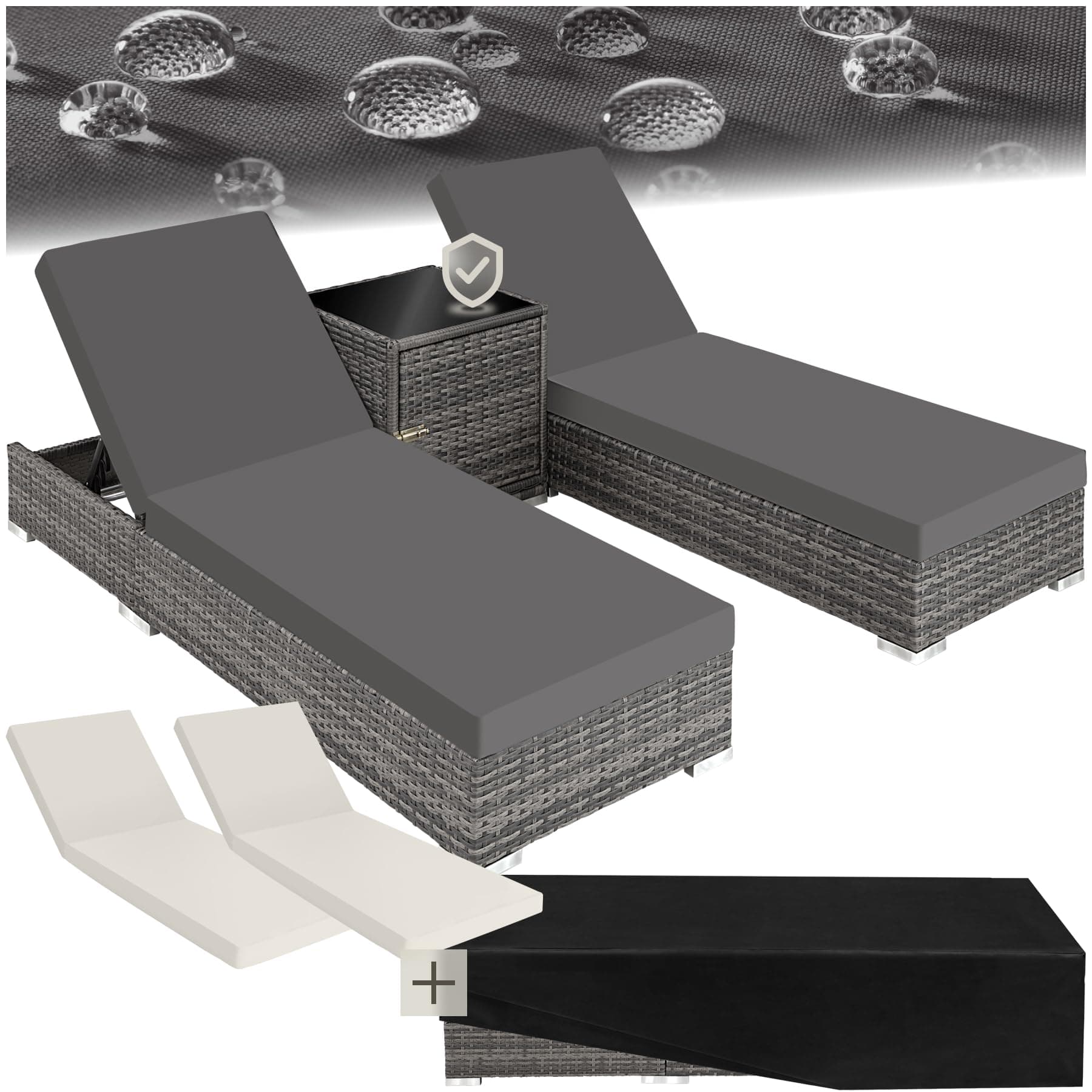 tectake® 2er Garten Lounge Sonnenliegen Set mit Tisch, Aluminium Gartenliege, Gartenlounge Outdoor, Relaxliege inkl. 2 Bezugsets und Schutzhülle, Outdoor Poly Rattan Gartenmöbel Set, 2er Set - grau