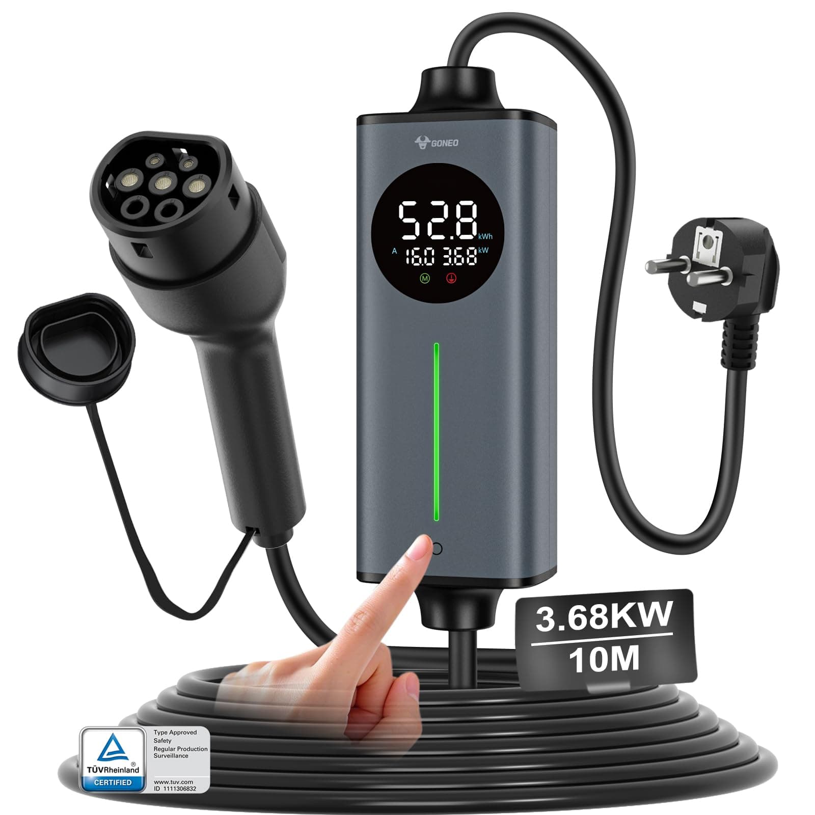 GONEO cargador coche electrico carga rapida portatil 3,68kw schuko tipo 2 16A 10M | sensor de temperatura y tierra detección,AC 30mA+DC 6mA Protección,tiempo y corriente ajustables,Cargador de casa VE