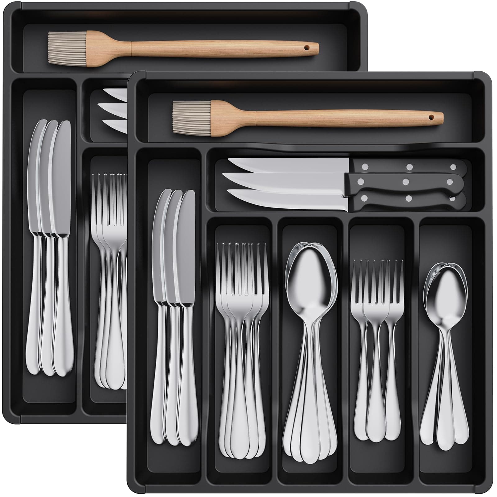 Lifewit Besteckkasten für Schubladen, 31 x 36 cm Küche Kompakt Besteckeinsatz, aus Kunststoff Utensilienhalter für Löffel, Gabeln, 7 Fächern, Schwarz